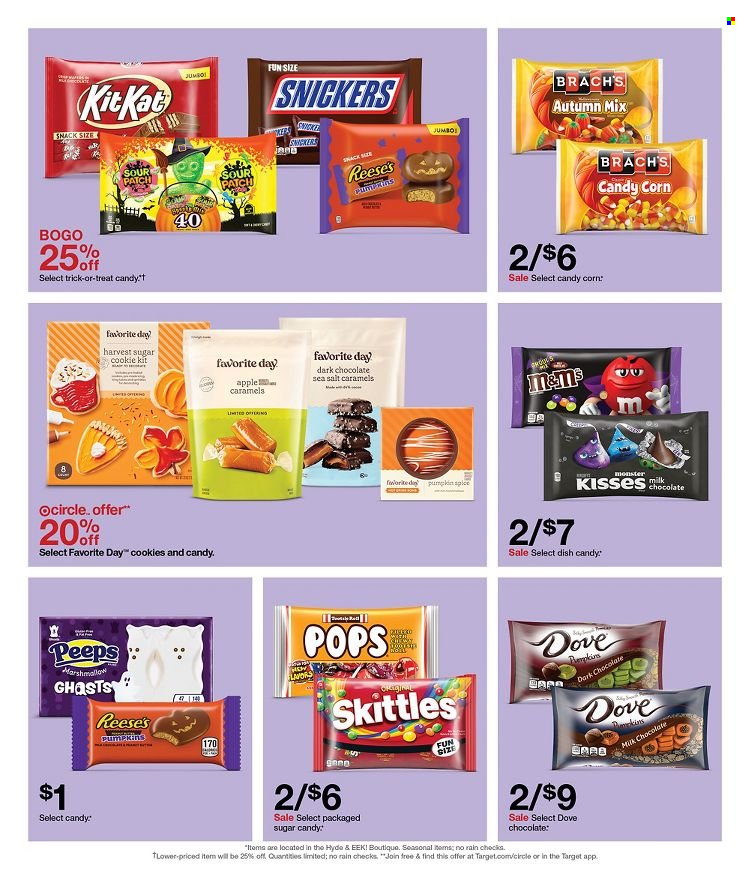 thumbnail - Target Flyer - 09/25/2022 - 10/01/2022 - Sales products - Apple, corn, Reese's, cookies, Dove, marshmallows, milk chocolate, chocolate, snack, Snickers, KitKat, M&M's, dark chocolate, Skittles, Sour Patch, Peeps, sugar, spice, Monster, Target. Page 6.