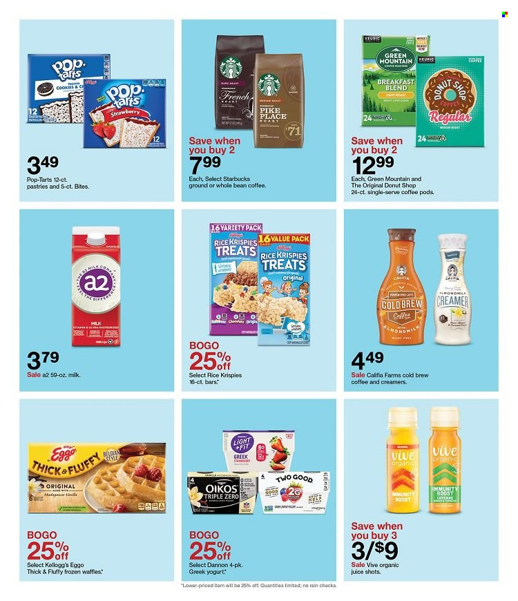 thumbnail - Target Flyer - 09/25/2022 - 10/01/2022 - Sales products - waffles, greek yoghurt, yoghurt, Oikos, Dannon, almond milk, milk, creamer, cookies, Kellogg's, Pop-Tarts, Rice Krispies, juice, Boost, coffee pods, Starbucks, breakfast blend, Green Mountain. Page 23.