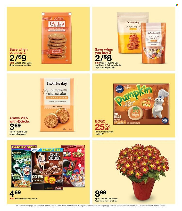 thumbnail - Target Flyer - 09/25/2022 - 10/01/2022 - Sales products - pretzels, cheesecake, sandwich, Pillsbury, milk, cookie dough, cookies, sandwich cookies, sugar, cereals, spice, trail mix, Target, pen, Halloween, EASTON. Page 25.