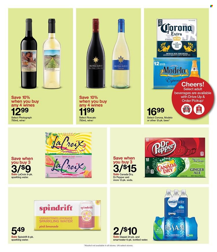 thumbnail - Target Flyer - 09/25/2022 - 10/01/2022 - Sales products - Canada Dry, ginger ale, lemonade, Dr. Pepper, Spindrift, soda, sparkling water, bottled water, Smartwater, wine, beer, Corona Extra, Modelo. Page 26.