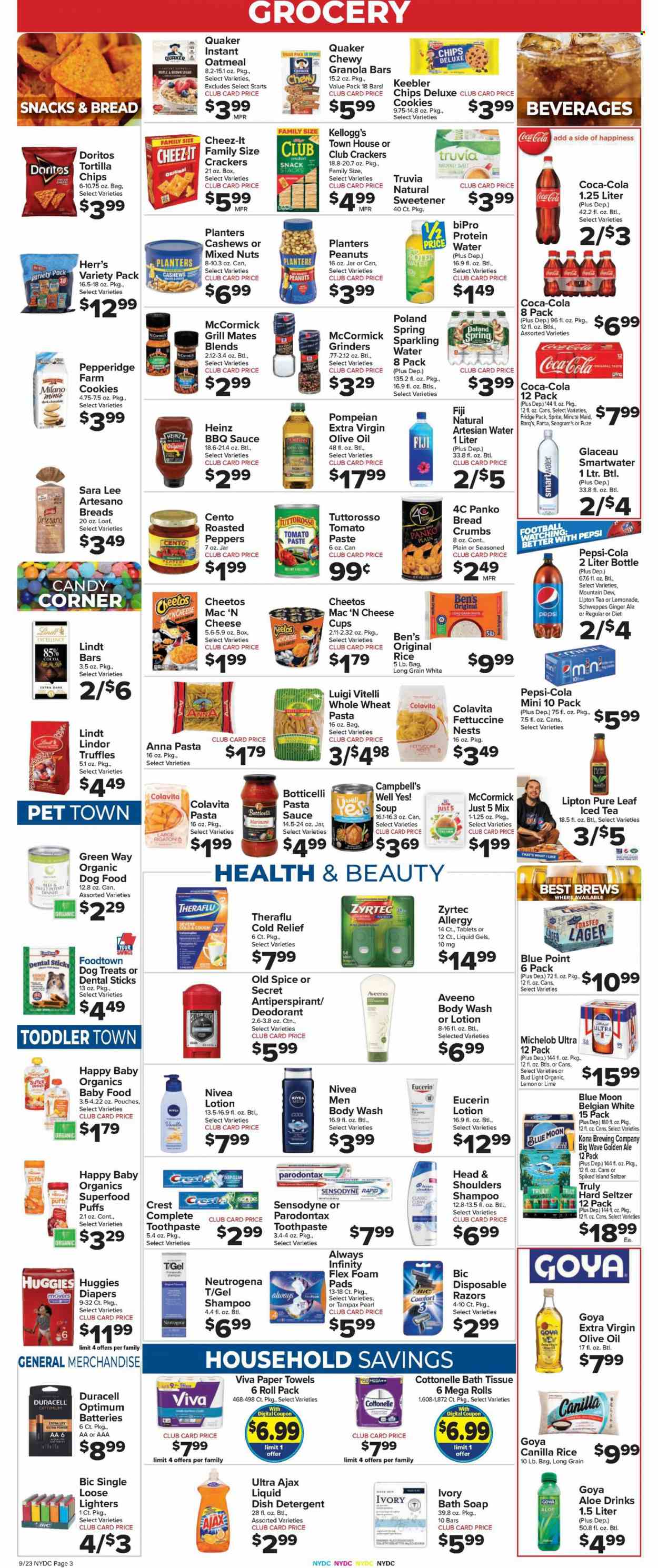 thumbnail - Foodtown Flyer - 09/23/2022 - 09/29/2022 - Sales products - Sara Lee, puffs, breadcrumbs, panko breadcrumbs, peppers, Campbell's, pasta sauce, soup, sauce, Quaker, cheese cup, cheese, cookies, chocolate, snack, Lindt, Lindor, truffles, crackers, Kellogg's, dark chocolate, Keebler, Doritos, tortilla chips, Cheetos, chips, Cheez-It, oatmeal, sweetener, tomato paste, Heinz, Goya, granola bar, rice, spice, BBQ sauce, extra virgin olive oil, olive oil, oil, cashews, peanuts, mixed nuts, Planters, Coca-Cola, ginger ale, lemonade, Mountain Dew, Schweppes, Sprite, Pepsi, Fanta, Lipton, ice tea, fruit punch, sparkling water, Smartwater, Pure Leaf, Hard Seltzer, TRULY, beer, Bud Light, Lager, Huggies, nappies, Aveeno, Nivea, bath tissue, Cottonelle, kitchen towels, paper towels, detergent, Ajax, WAVE, dishwasher cleaner, body wash, shampoo, Old Spice, soap, toothpaste, Sensodyne, Crest, Tampax, Always Infinity, Neutrogena, Head & Shoulders, body lotion, Eucerin, anti-perspirant, deodorant, BIC, disposable razor, cup, battery, Duracell, alkaline batteries, DVD, animal food, dog food, Optimum, Theraflu, Zyrtec, Blue Moon, Michelob. Page 5.