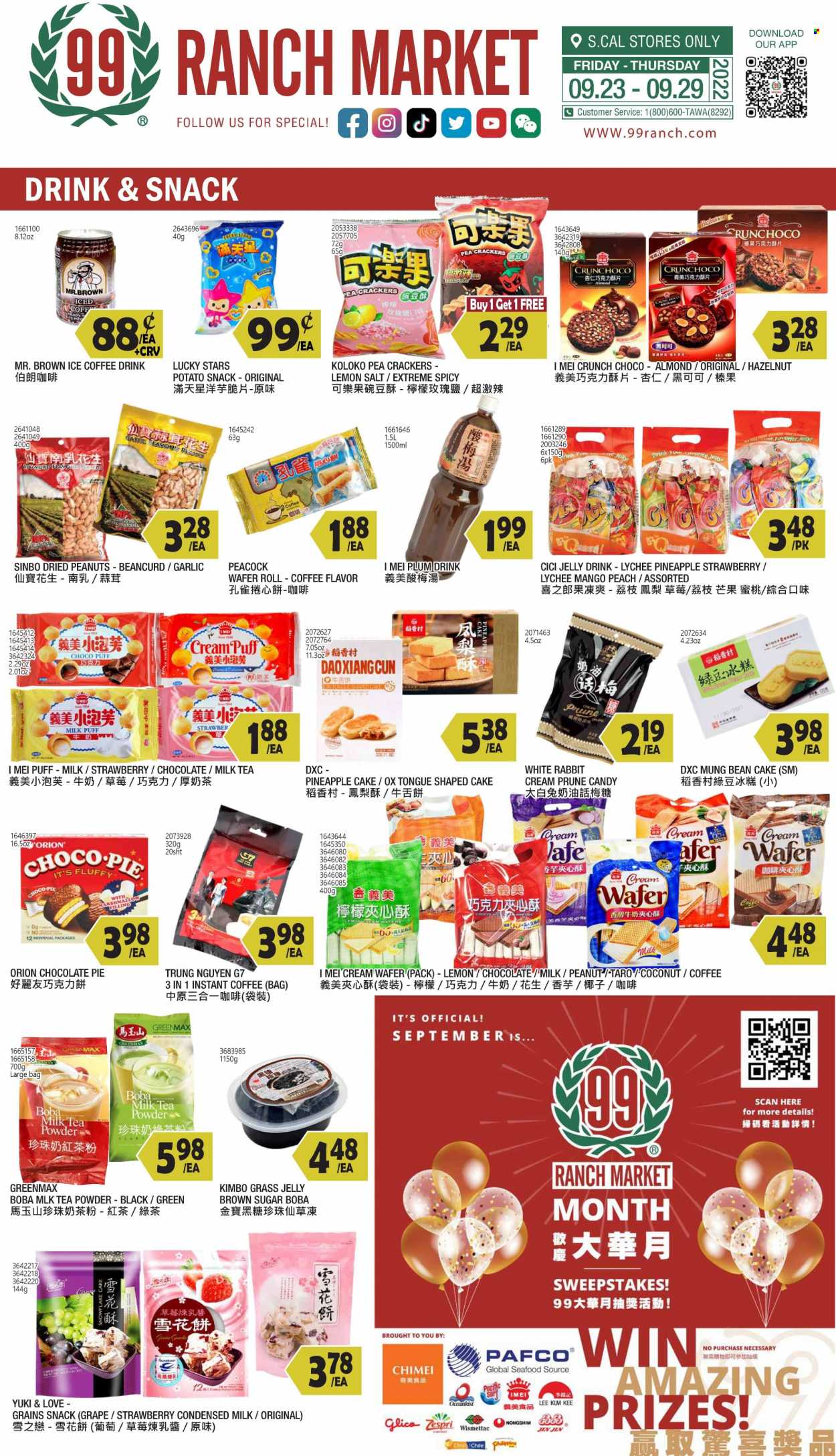 thumbnail - 99 Ranch Market Flyer - 09/23/2022 - 09/29/2022 - Sales products - cake, pineapple tart, cream puffs, garlic, mango, coconut, seafood, milk, condensed milk, rabbit, wafers, chocolate, snack, jelly, crackers, cane sugar, salt, lychee, Lee Kum Kee, peanuts, iced coffee, tea, instant coffee. Page 4.