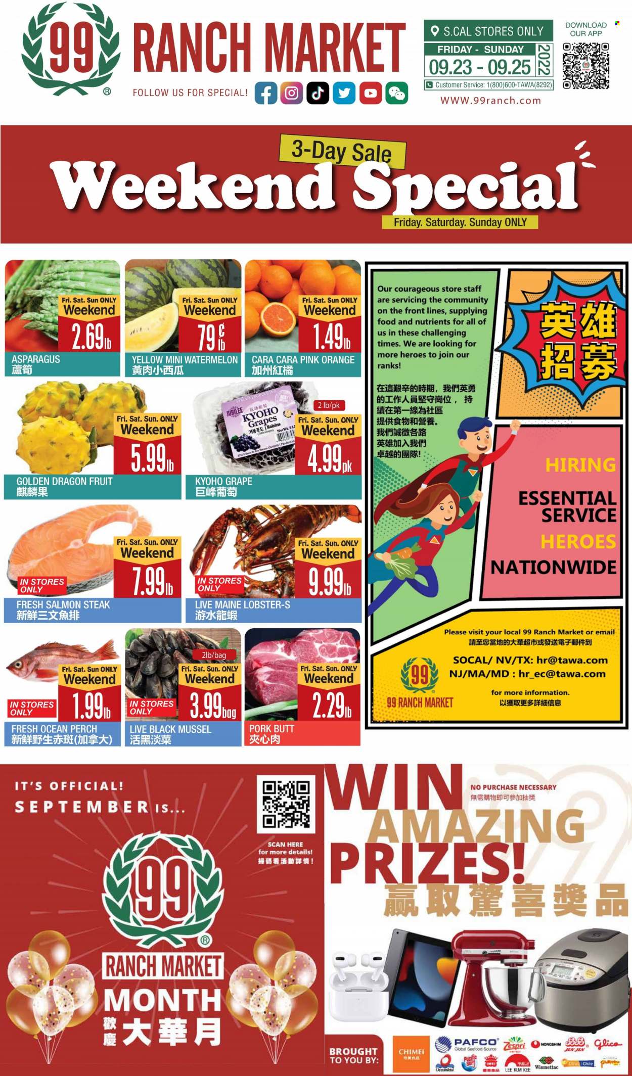 thumbnail - 99 Ranch Market Flyer - 09/23/2022 - 09/29/2022 - Sales products - asparagus, watermelon, oranges, dragon fruit, lobster, mussels, salmon, perch, seafood, Lee Kum Kee, raisins, dried fruit, steak. Page 9.