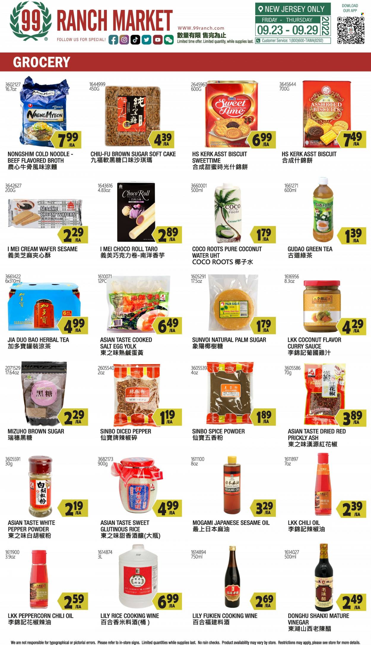 thumbnail - 99 Ranch Market Flyer - 09/23/2022 - 09/29/2022 - Sales products - cake, sauce, noodles, eggs, wafers, biscuit, cane sugar, salt, broth, rice, pepper, spice, curry sauce, sesame oil, vinegar, oil, coconut water, green tea, tea, herbal tea, cooking wine. Page 2.