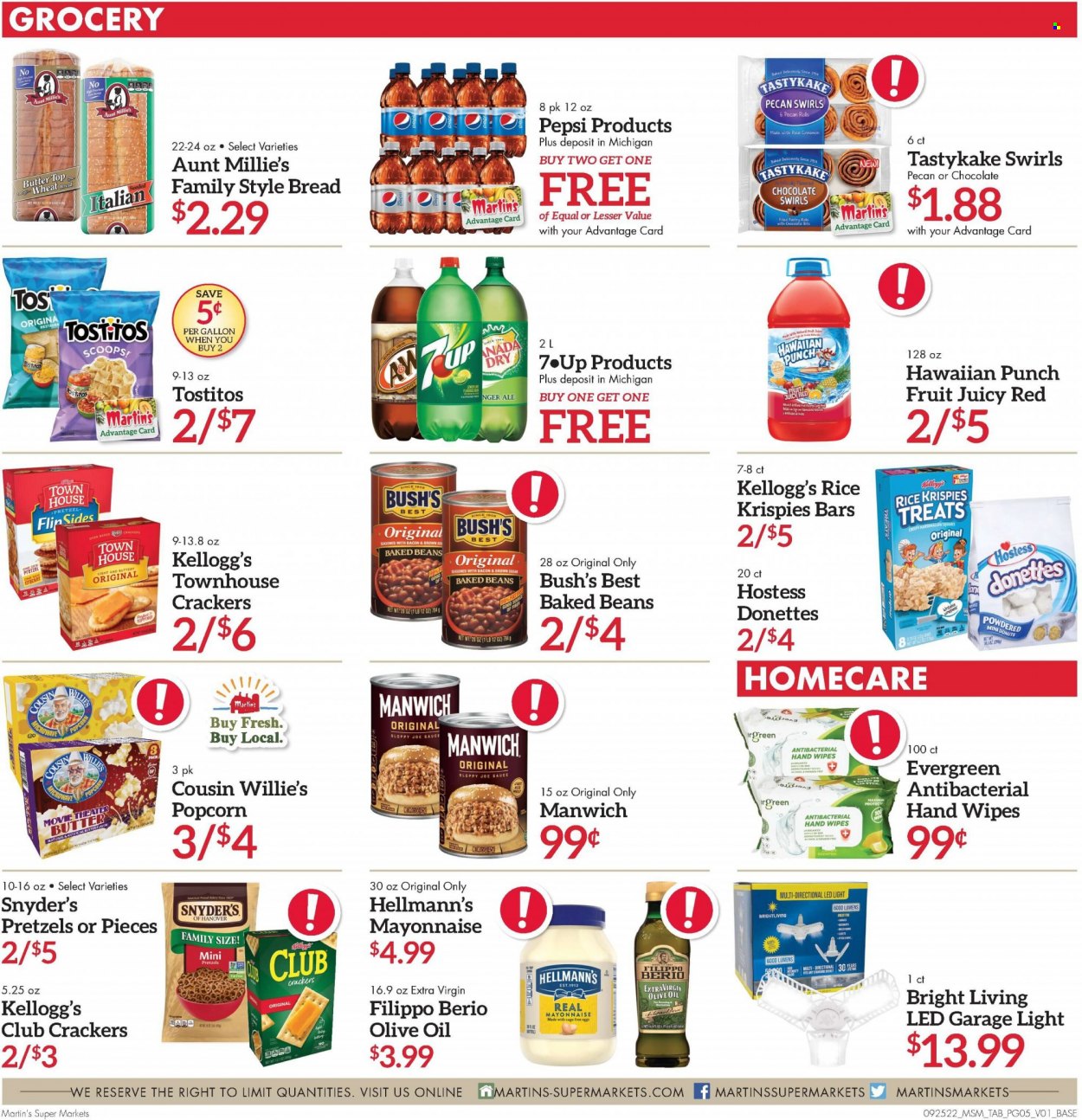 thumbnail - Martin’s Flyer - 09/25/2022 - 10/01/2022 - Sales products - bread, pretzels, donut, beans, sauce, eggs, cage free eggs, butter, mayonnaise, Hellmann’s, chocolate, crackers, Kellogg's, popcorn, Tostitos, baked beans, Manwich, Rice Krispies, cinnamon, extra virgin olive oil, olive oil, oil, Pepsi, wipes, LED light. Page 5.
