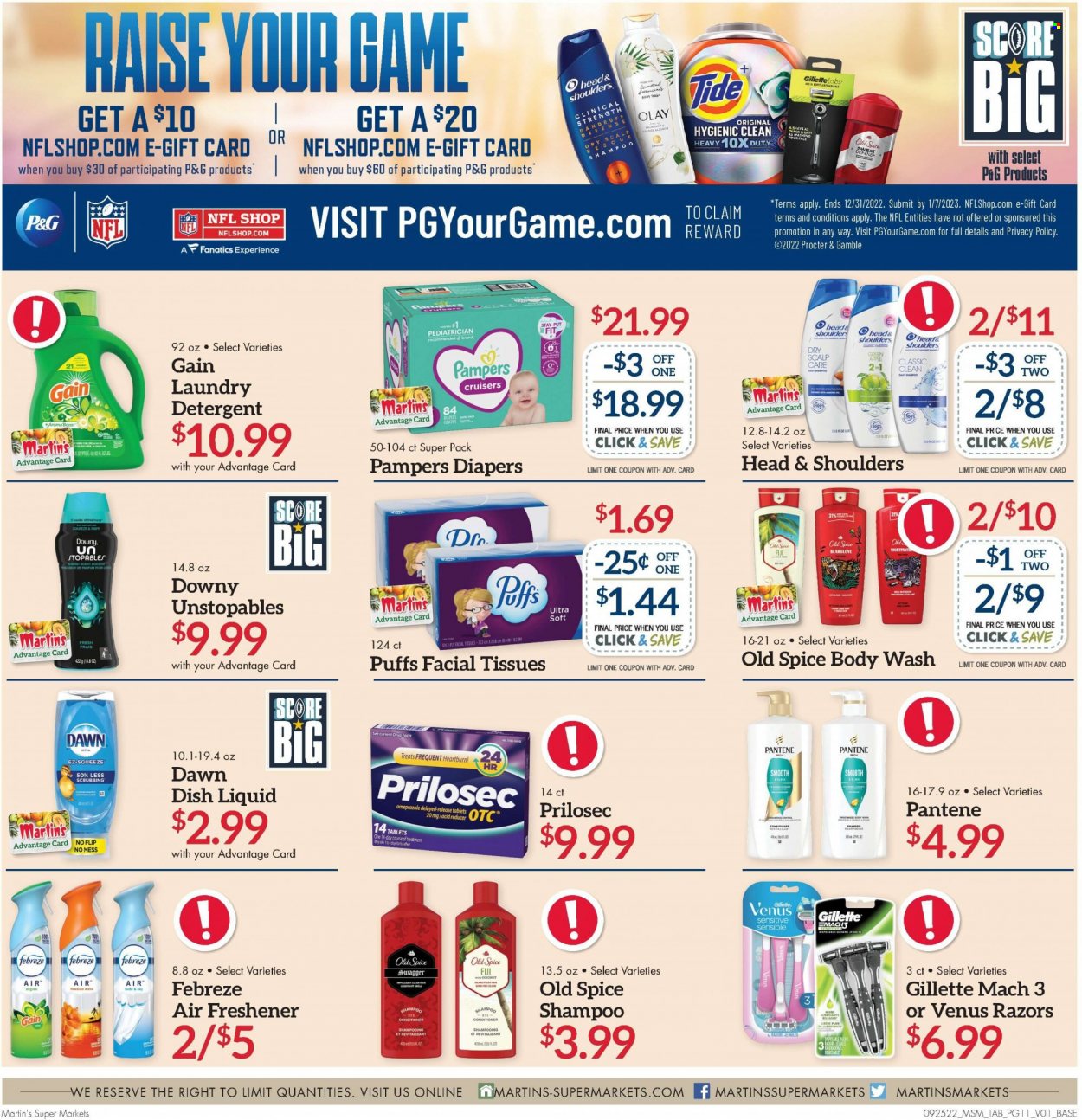 thumbnail - Martin’s Flyer - 09/25/2022 - 10/01/2022 - Sales products - puffs, spice, Pampers, nappies, tissues, detergent, Febreze, Gain, Tide, Unstopables, laundry detergent, dishwashing liquid, body wash, shampoo, Old Spice, facial tissues, Olay, conditioner, Head & Shoulders, Pantene, eau de parfum, Gillette, Venus, air freshener. Page 11.