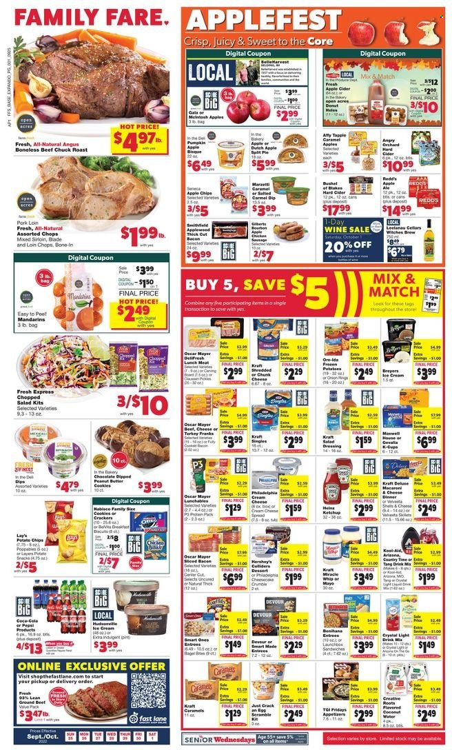 thumbnail - Family Fare Flyer - 09/25/2022 - 10/01/2022 - Sales products - bagels, pie, donut, pumpkin, salad, chopped salad, Gala, mandarines, coconut, Lunchables, Kraft®, bacon, Oscar Mayer, sausage, chicken sausage, cheese spread, lunch meat, sandwich slices, Philadelphia, Kraft Singles, mayonnaise, Miracle Whip, dip, ice cream, Hershey's, Devour, Ore-Ida, cookies, butter cookies, snack, crackers, potato chips, Lay’s, Heinz, belVita, caramel, ketchup, dressing, Coca-Cola, Pepsi, AriZona, Country Time, coffee capsules, K-Cups, Gevalia, wine, apple cider, cider, beef meat, ground beef, chuck roast, pork loin, pork meat, lid, pin, pen. Page 1.