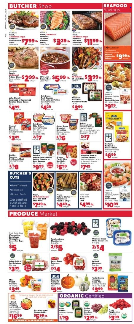 thumbnail - Family Fare Flyer - 09/25/2022 - 10/01/2022 - Sales products - mushrooms, sausage rolls, cantaloupe, sweet peppers, tomatoes, potatoes, pumpkin, salad, peppers, red potatoes, chopped salad, seedless grapes, watermelon, honeydew, pineapple, seafood, fish, shrimps, fish fingers, Gorton's, fish sticks, meatballs, breaded fish, Bob Evans, Jimmy Dean, Kingsford, fish sandwich, bacon, sausage, summer sausage, pork sausage, pepperoni, lunch meat, cheddar, cheese, pistachios, beer, beef meat, steak, striploin steak, pork loin, pork meat, polish, cup. Page 2.