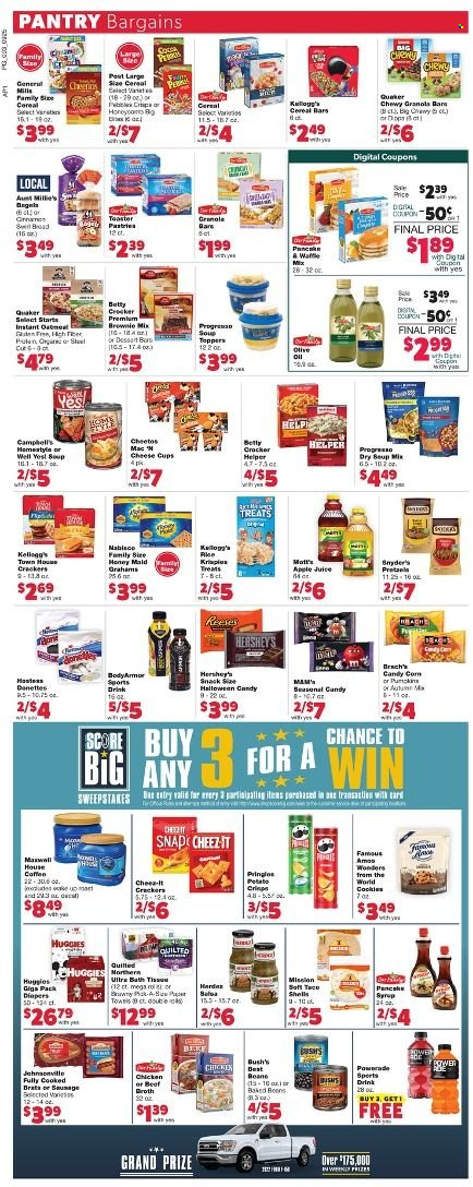 thumbnail - Family Fare Flyer - 09/25/2022 - 10/01/2022 - Sales products - pretzels, brownie mix, pumpkin, Mott's, Campbell's, soup, Quaker, Progresso, sausage, cheese cup, cheese, Reese's, Hershey's, cookies, snack, cereal bar, crackers, Kellogg's, potato crisps, Pringles, Cheetos, Cheez-It, beef broth, oatmeal, broth, baked beans, cereals, granola bar, rice, honey, pancake syrup, syrup, apple juice, Powerade, juice, Maxwell House, coffee, Huggies, nappies, cup, towel. Page 3.