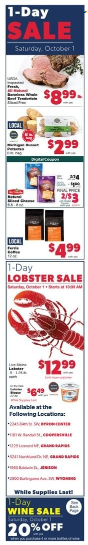 thumbnail - Family Fare Flyer - 09/25/2022 - 10/01/2022 - Sales products - russet potatoes, lobster, sliced cheese, cheese, coffee, wine, beef meat, beef tenderloin. Page 9.
