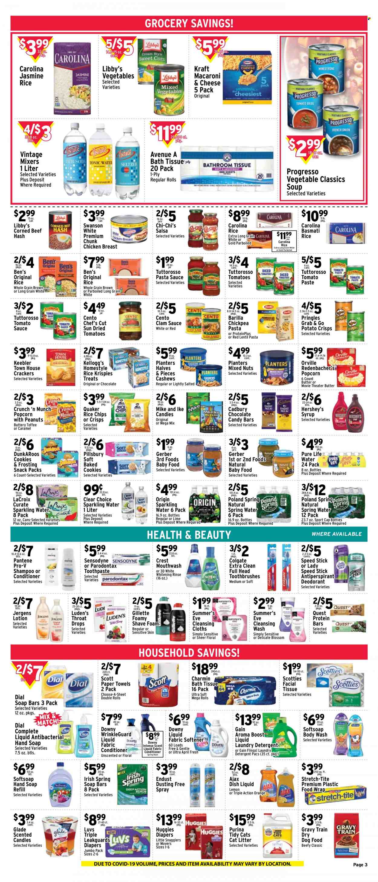 thumbnail - Met Foodmarkets Flyer - 09/25/2022 - 10/01/2022 - Sales products - oranges, clams, beef hash, macaroni & cheese, pasta sauce, soup, sauce, Pillsbury, Barilla, Quaker, Progresso, Kraft®, corned beef, butter, Blossom, Hershey's, cookies, snack, toffee, crackers, Kellogg's, Cadbury, chocolate candies, Keebler, Gerber, potato crisps, Pringles, chips, popcorn, frosting, dried tomatoes, tomato paste, tomato sauce, protein bar, Rice Krispies, basmati rice, jasmine rice, parboiled rice, salsa, syrup, cashews, mixed nuts, Planters, spring water, sparkling water, Pure Life Water, Boost, chicken breasts, beef meat. Page 3.
