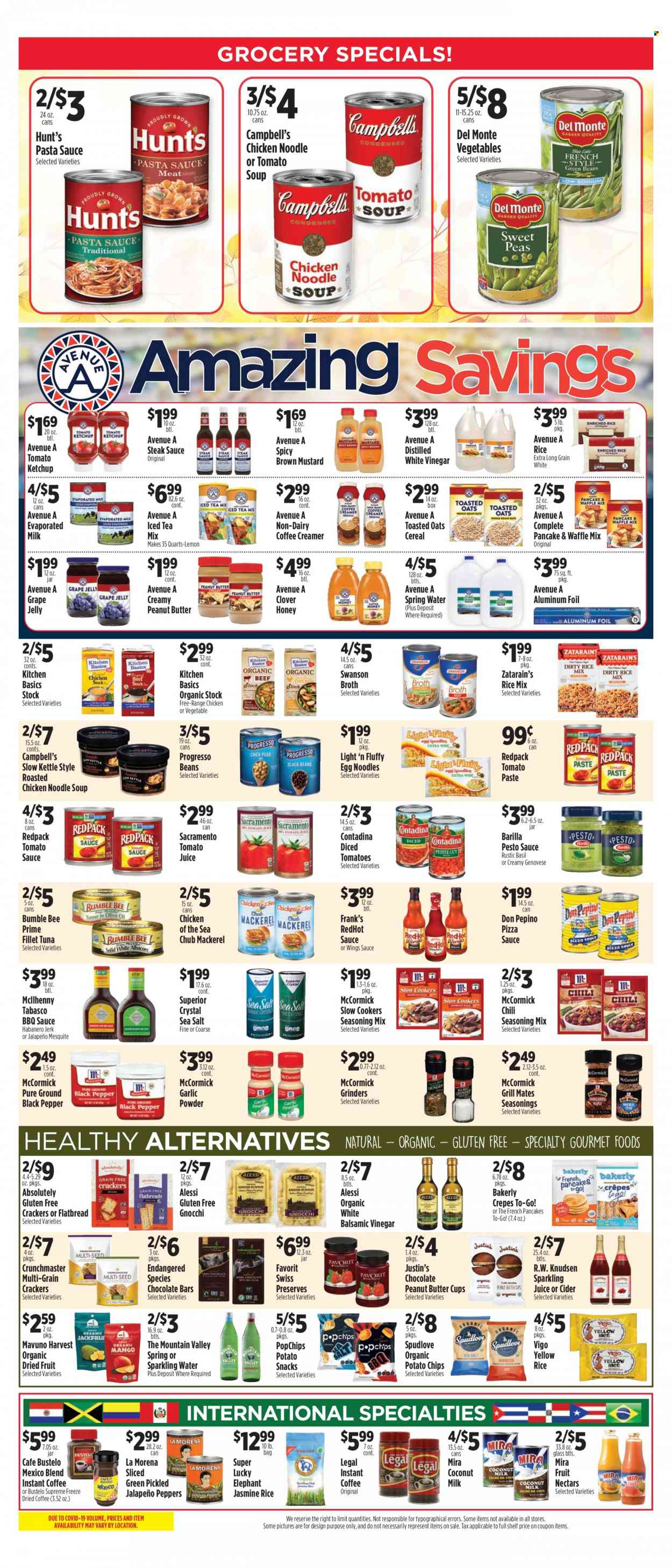 thumbnail - Pioneer Supermarkets Flyer - 09/25/2022 - 10/01/2022 - Sales products - flatbread, mackerel, tuna, Campbell's, gnocchi, tomato soup, chicken roast, pasta sauce, soup, Bumble Bee, sauce, pancakes, noodles cup, Barilla, noodles, Progresso, evaporated milk, creamer, snack, jelly, crackers, peanut butter cups, chocolate bar, potato chips, chips, tabasco, broth, coconut milk, tomato paste, tomato sauce, Chicken of the Sea, diced tomatoes, Del Monte, cereals, toasted oats, jasmine rice, egg noodles, spice, garlic powder, BBQ sauce, mustard, steak sauce, ketchup, pesto, balsamic vinegar, grape jelly, honey, dried fruit, tomato juice, juice, ice tea, sparkling juice, spring water, sparkling water, instant coffee, cider, steak. Page 2.