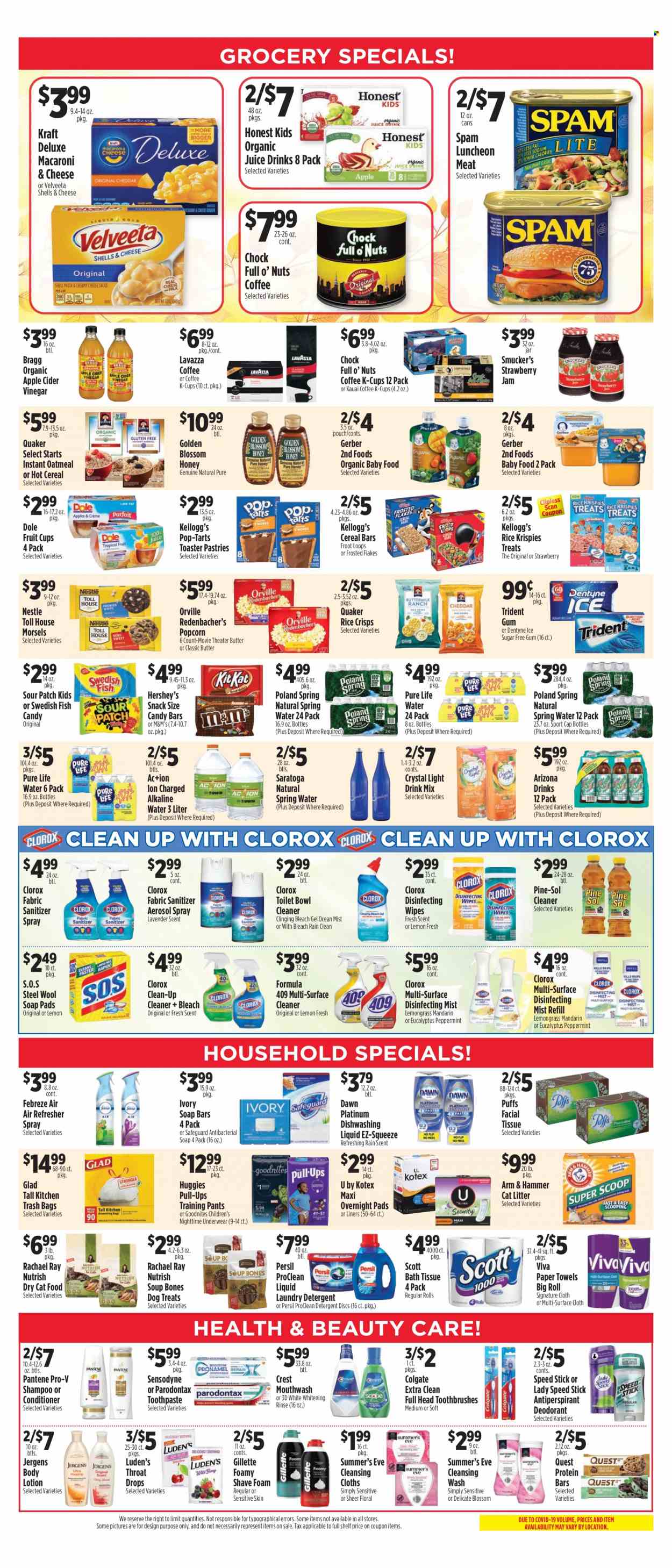 thumbnail - Pioneer Supermarkets Flyer - 09/25/2022 - 10/01/2022 - Sales products - puffs, Dole, mandarines, fruit cup, macaroni & cheese, soup, Quaker, Kraft®, Spam, lunch meat, butter, Blossom, Hershey's, Nestlé, snack, M&M's, cereal bar, Kellogg's, Trident, Pop-Tarts, Sour Patch, Gerber, popcorn, rice crisps, ARM & HAMMER, oatmeal, strawberry jam, cereals, protein bar, Rice Krispies, Frosted Flakes, apple cider vinegar, vinegar, honey, fruit jam, juice, AriZona, spring water, Pure Life Water, alkaline water, coffee, coffee capsules, K-Cups, Lavazza, organic baby food, wipes, Huggies, pants, baby pants, bath tissue, Scott, kitchen towels, paper towels, detergent, Febreze, surface cleaner, cleaner, bleach, Clorox, Pine-Sol, Persil, laundry detergent, dishwashing liquid, shampoo, antimicrobial soap, soap, Colgate, toothpaste, Sensodyne, mouthwash, Crest, sanitary pads, Kotex, conditioner, refresher, Pantene, body lotion, Jergens, Gillette. Page 3.