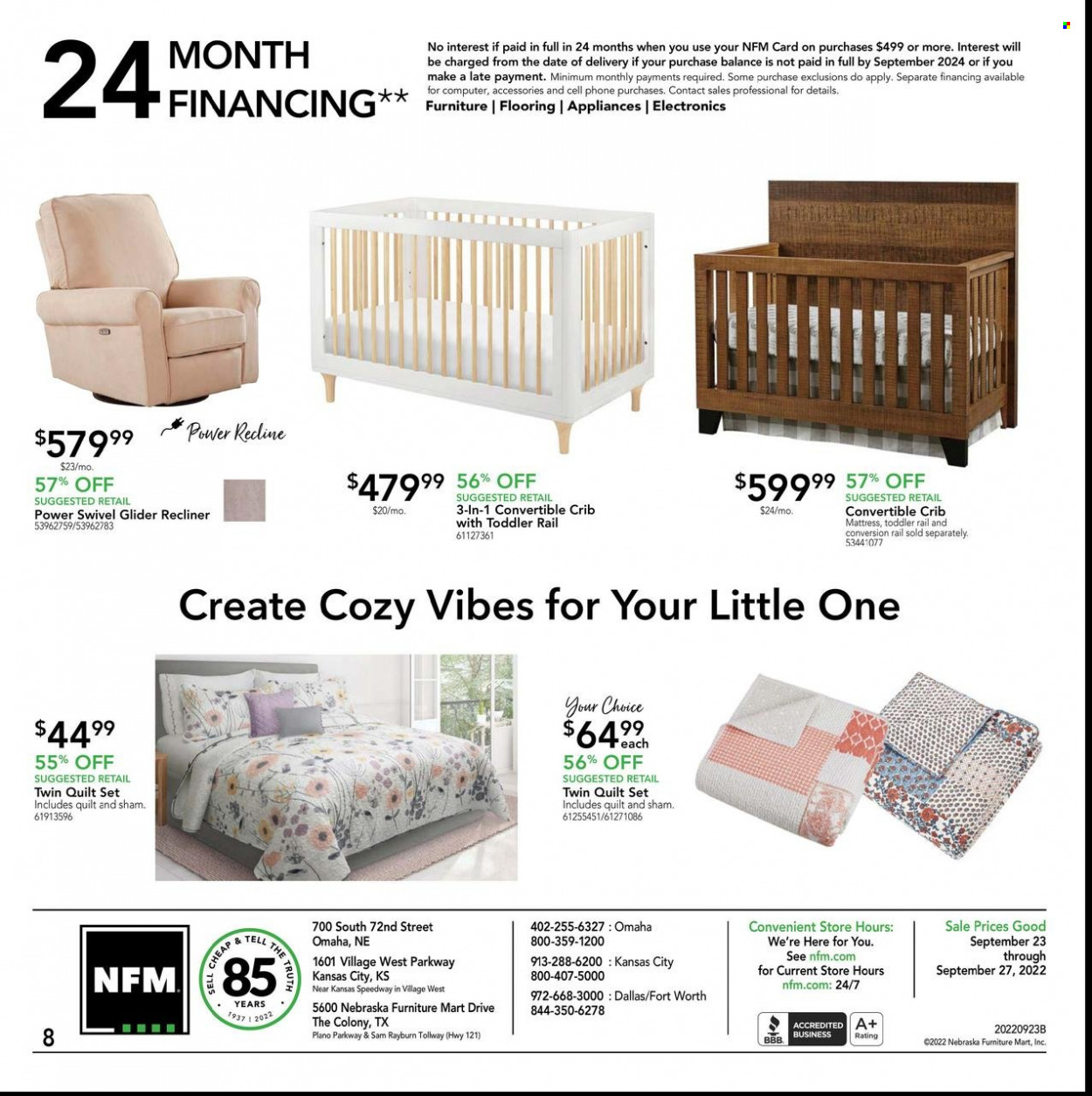 thumbnail - Nebraska Furniture Mart Flyer - 09/23/2022 - 09/27/2022 - Sales products - recliner chair, mattress, crib, quilt & sham, quilt, computer. Page 8.