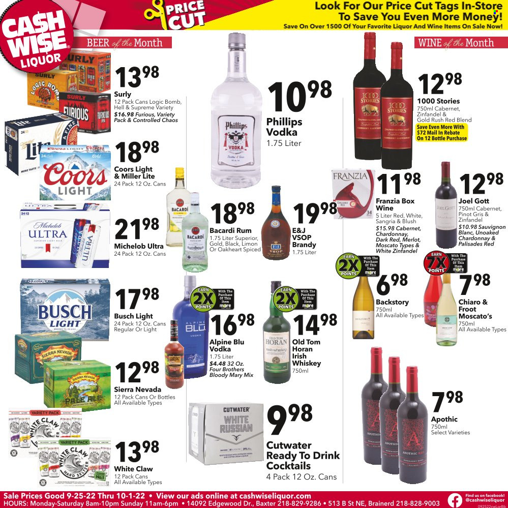 thumbnail - Cash Wise Liquor Only Flyer - 09/25/2022 - 10/01/2022 - Sales products - Four Brothers, Cabernet Sauvignon, red wine, white wine, Chardonnay, wine, Merlot, Moscato, Pinot Grigio, Sauvignon Blanc, Bacardi, brandy, rum, vodka, whiskey, liquor, White Claw, whisky, beer, Busch, Miller Lite, Coors, Michelob. Page 1.