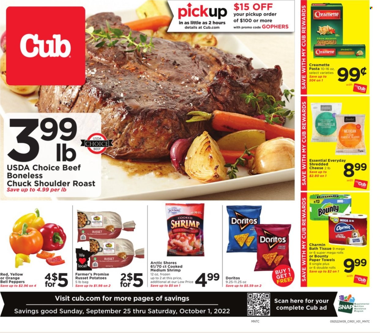 thumbnail - Cub Foods Flyer - 09/25/2022 - 10/01/2022 - Sales products - bell peppers, russet potatoes, potatoes, peppers, oranges, shrimps, Arctic Shores, spaghetti, macaroni, pasta, mozzarella, shredded cheese, Bounty, Doritos, Creamette, bath tissue, kitchen towels, paper towels, Charmin. Page 1.