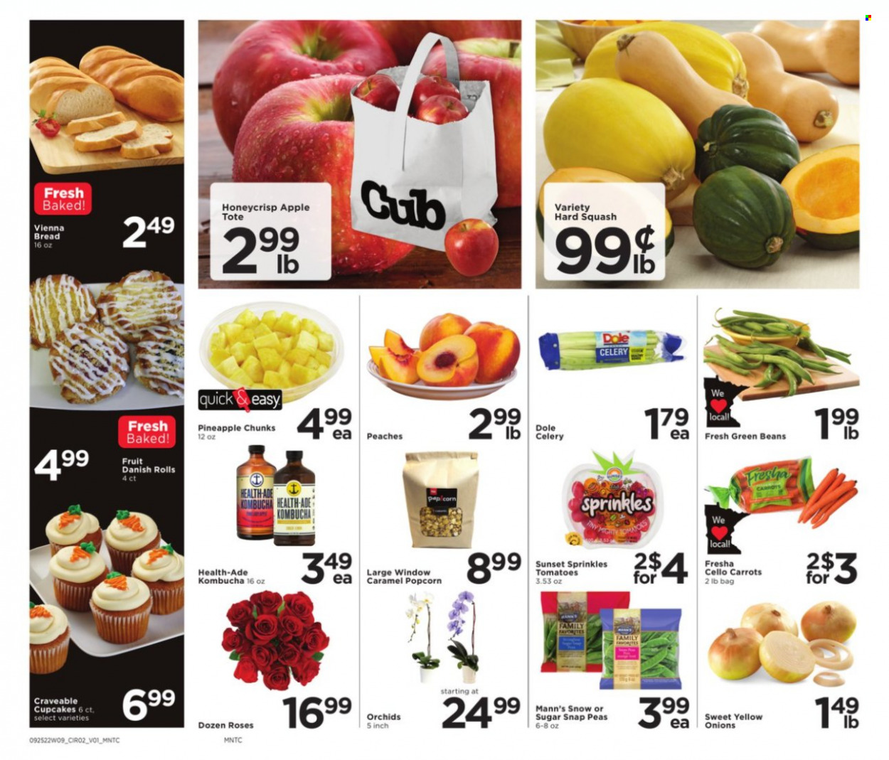 thumbnail - Cub Foods Flyer - 09/25/2022 - 10/01/2022 - Sales products - bread, cupcake, beans, carrots, celery, corn, green beans, tomatoes, peas, onion, Dole, pineapple, snap peas, popcorn, caramel, kombucha, peaches. Page 2.