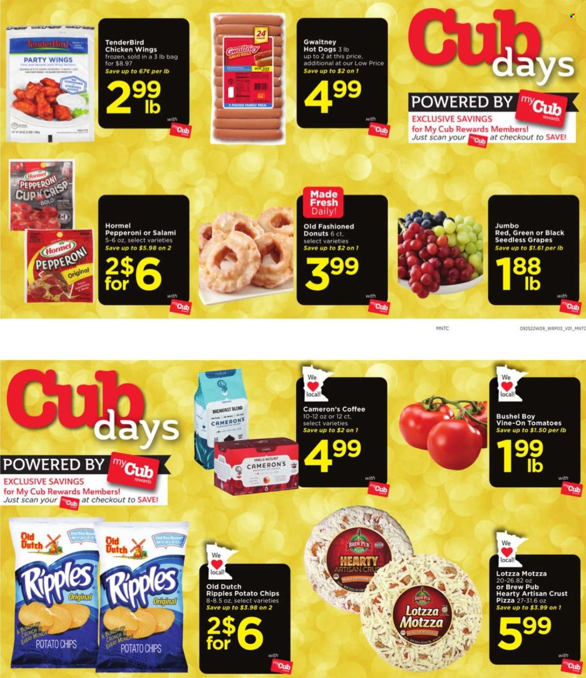 thumbnail - Cub Foods Flyer - 09/25/2022 - 10/01/2022 - Sales products - donut, grapes, seedless grapes, hot dog, pizza, Hormel, salami, pepperoni, chicken wings, potato chips, coffee, breakfast blend. Page 8.