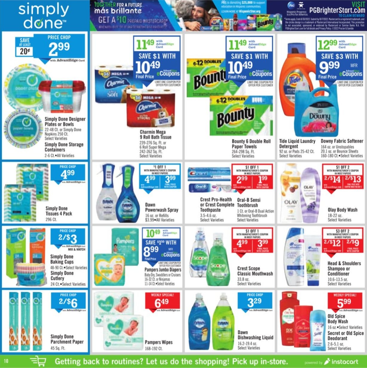thumbnail - Price Chopper Flyer - 09/25/2022 - 10/01/2022 - Sales products - Bounty, spice, wipes, Pampers, napkins, nappies, bath tissue, kitchen towels, paper towels, Charmin, detergent, Tide, Unstopables, fabric softener, laundry detergent, Bounce, Downy Laundry, dishwashing liquid, body wash, shampoo, Old Spice, toothbrush, Oral-B, toothpaste, mouthwash, Crest, Olay, conditioner, Head & Shoulders, plate, cup, storage box. Page 11.
