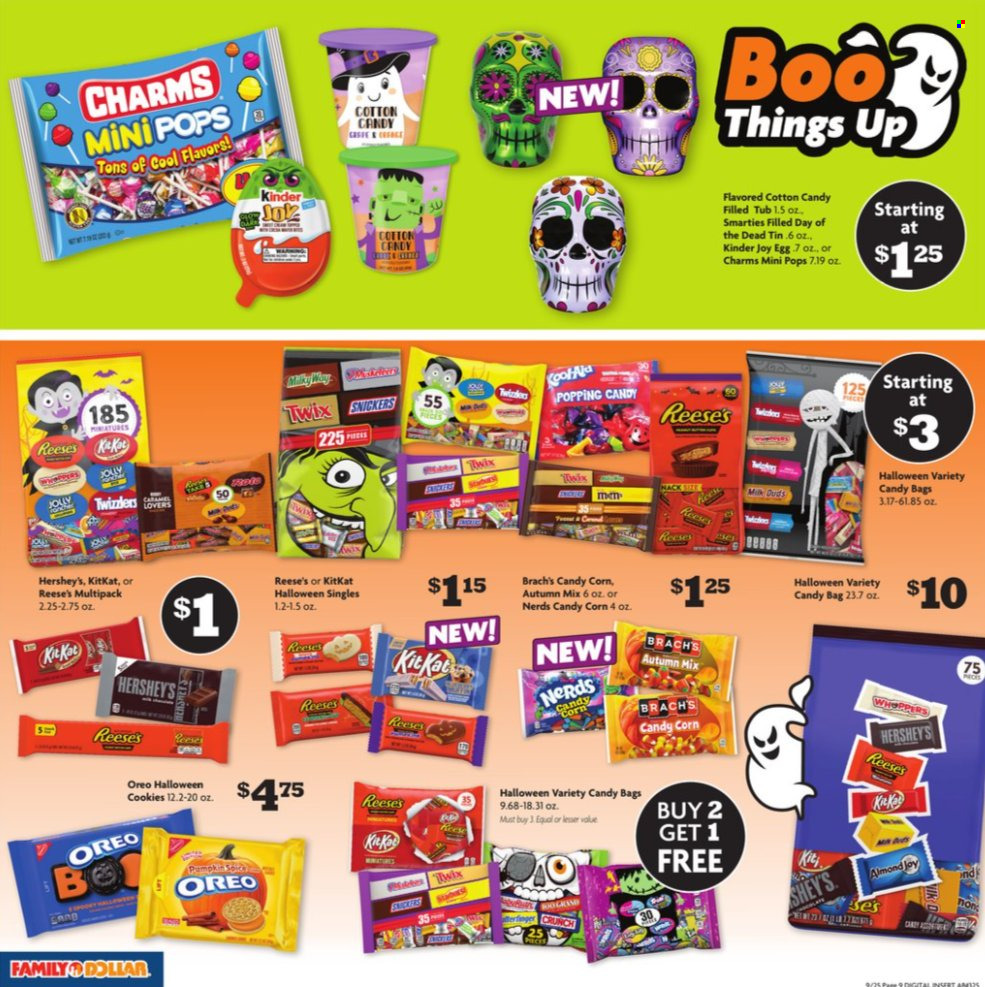thumbnail - Family Dollar Flyer - 09/25/2022 - 10/01/2022 - Sales products - corn, pumpkin, Oreo, eggs, Reese's, Hershey's, cookies, Kinder Joy, Milky Way, Snickers, Twix, KitKat, cotton candy, plate, Halloween, smarties. Page 8.