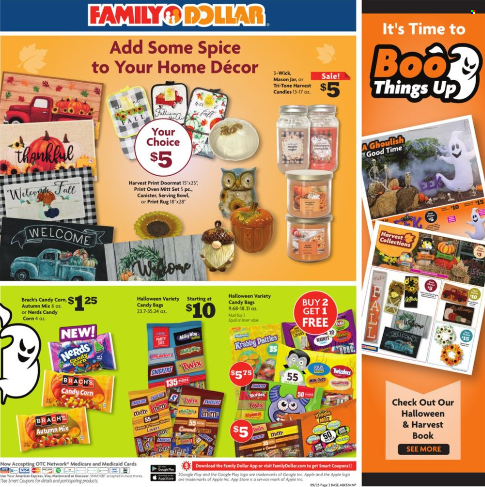 thumbnail - Family Dollar Flyer - 09/25/2022 - 10/01/2022 - Sales products - corn, Milky Way, Snickers, Twix, Skittles, spice, canister, oven mitt, serving bowl, bowl, jar, sticker, candle, book, Halloween. Page 7.