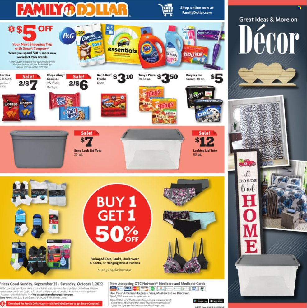 thumbnail - Family Dollar Flyer - 09/25/2022 - 10/01/2022 - Sales products - pizza, Philadelphia, ice cream, cookies, Bounty, Chips Ahoy!, Doritos, chips, Tide, Bounce, lid, tank, panties. Page 9.