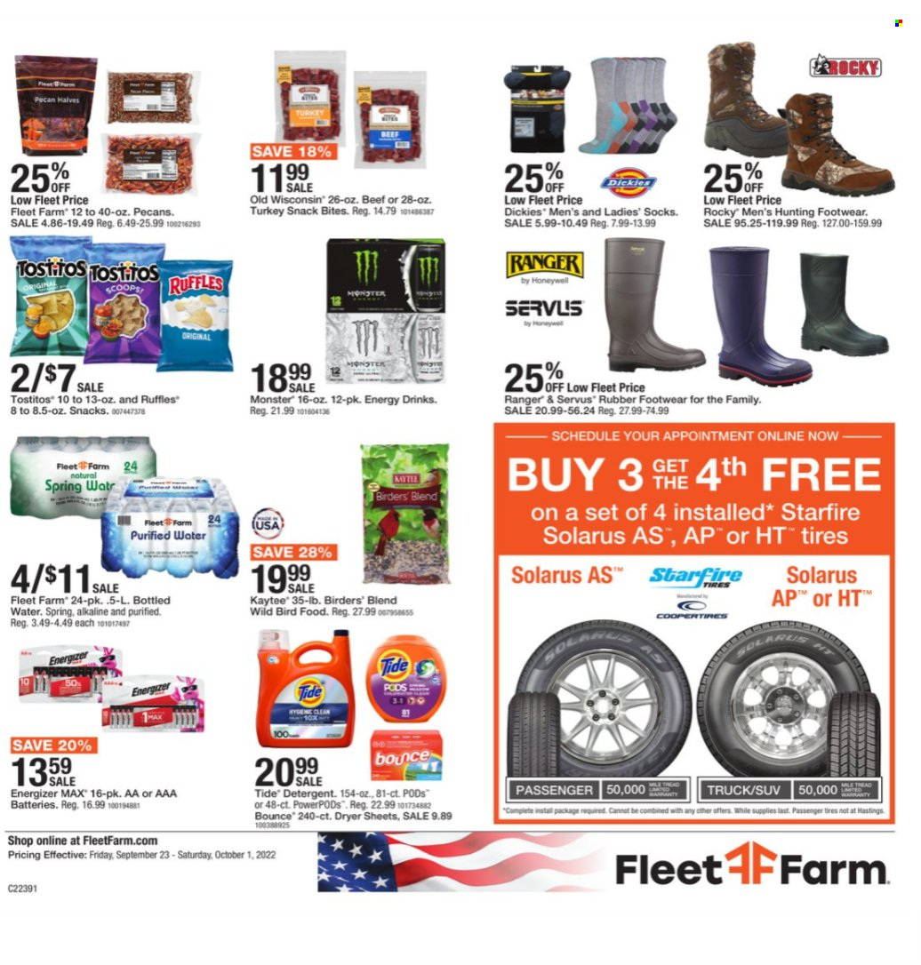 thumbnail - Fleet Farm Flyer - 09/23/2022 - 10/01/2022 - Sales products - snack, Ruffles, Tostitos, pecans, energy drink, Monster, bottled water, purified water, detergent, Tide, Bounce, dryer sheets, eraser, battery, Energizer, AAA batteries, animal food, Kaytee, bird food, Honeywell, socks, Dickies, tires. Page 1.