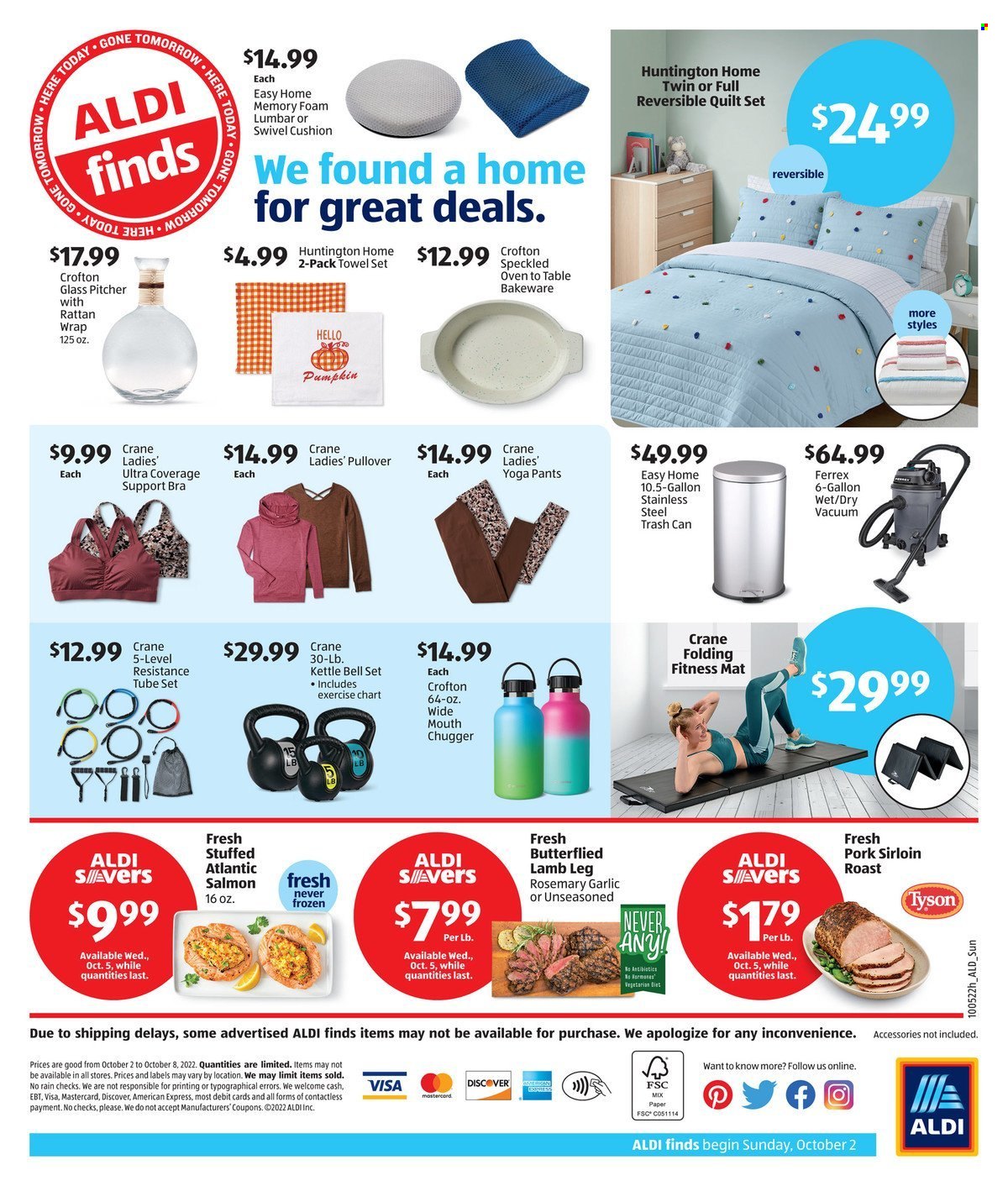 thumbnail - ALDI Flyer - 10/02/2022 - 10/08/2022 - Sales products - garlic, pumpkin, salmon, kettle, rosemary, pork loin, lamb meat, lamb leg, pants, gallon, trash can, pitcher, bakeware, paper, cushion, quilt, towel, oven, vacuum cleaner, table, pullover, yoga leggins, bra, resistance tube. Page 2.