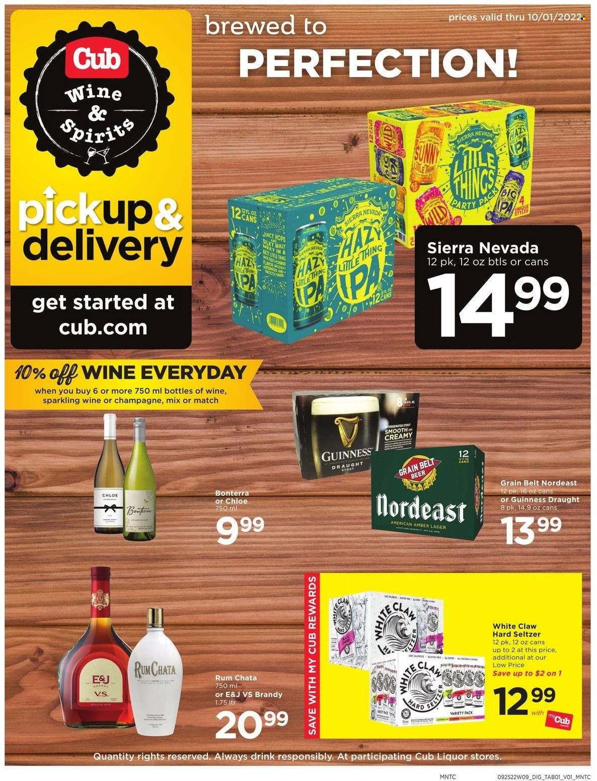 thumbnail - Cub Foods Flyer - 09/25/2022 - 10/01/2022 - Sales products - sparkling wine, champagne, wine, brandy, rum, White Claw, Hard Seltzer, beer, Guinness, Lager, Chloé. Page 1.