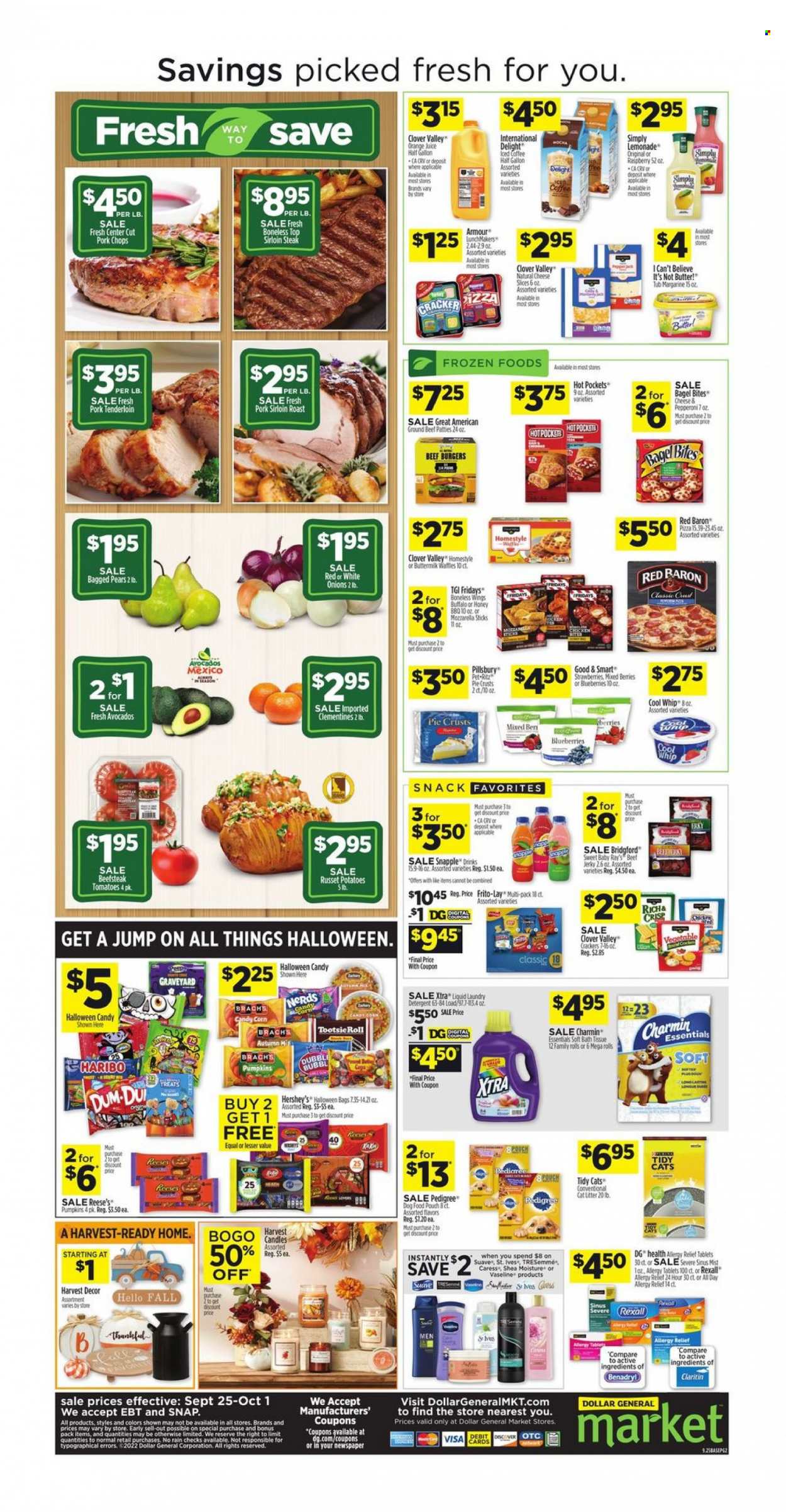 thumbnail - Dollar General Flyer - 09/25/2022 - 10/01/2022 - Sales products - Halloween, Guess, waffles, corn, russet potatoes, potatoes, onion, pears, hot pocket, pizza, hamburger, Pillsbury, beef burger, beef jerky, jerky, pepperoni, sliced cheese, Clover, buttermilk, margarine, I Can't Believe It's Not Butter, Cool Whip, Reese's, Hershey's, Red Baron, snack, Haribo, crackers, RITZ, Frito-Lay, pie crust, lemonade, orange juice, juice, Snapple, coffee, beef meat, beef sirloin, ground beef, steak, sirloin steak, pork chops, pork loin, pork meat, pork tenderloin, bath tissue, Charmin, detergent, laundry detergent, XTRA, Suave, Vaseline, TRESemmé, candle, animal food, cat litter, dog food, Pedigree, allergy relief, clementines. Page 2.