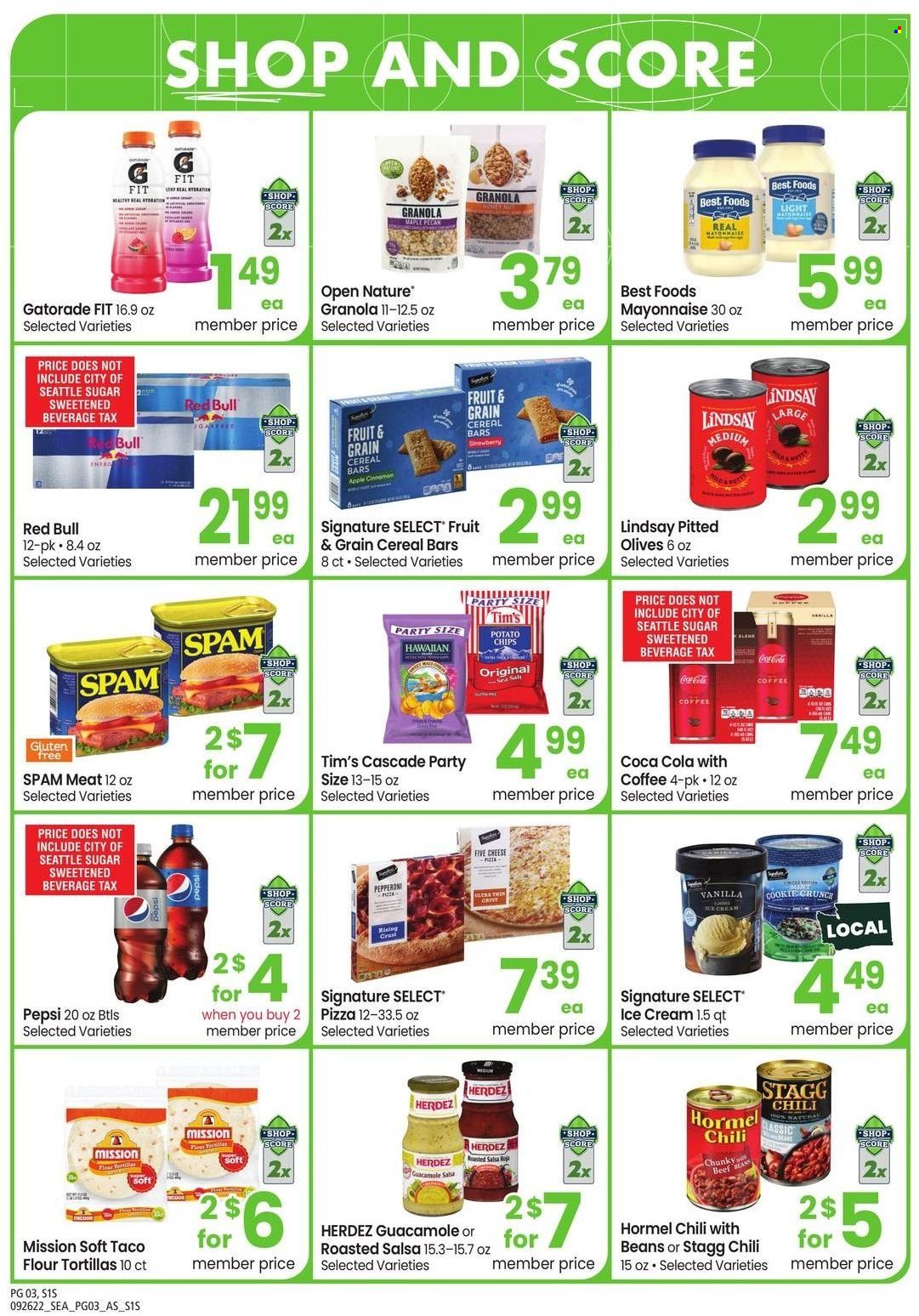thumbnail - Safeway Flyer - 09/26/2022 - 10/30/2022 - Sales products - tortillas, flour tortillas, pizza, Hormel, pepperoni, Spam, mayonnaise, ice cream, cereal bar, potato chips, chips, sugar, olives, guacamole, cereals, granola, cinnamon, salsa, Coca-Cola, Pepsi, Red Bull, Gatorade, coffee, Cascade, Crest. Page 3.
