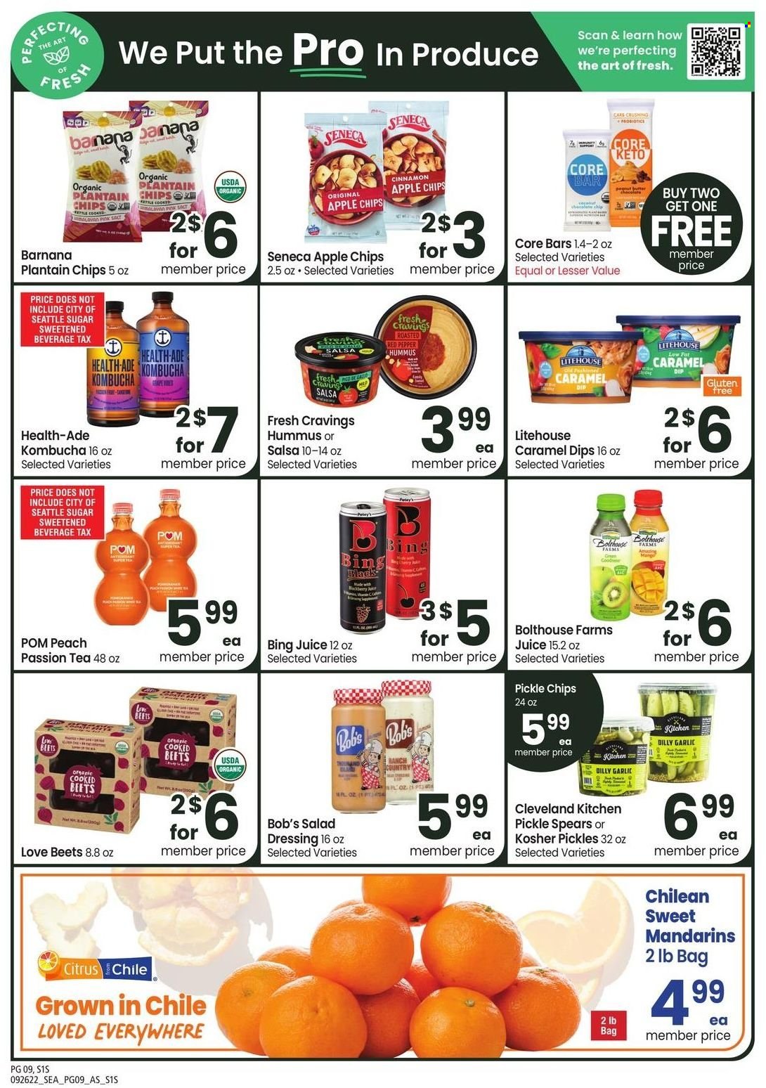 thumbnail - Safeway Flyer - 09/26/2022 - 10/30/2022 - Sales products - garlic, mandarines, chips, sugar, pickles, cinnamon, caramel, salad dressing, dressing, salsa, juice, kombucha, tea. Page 9.
