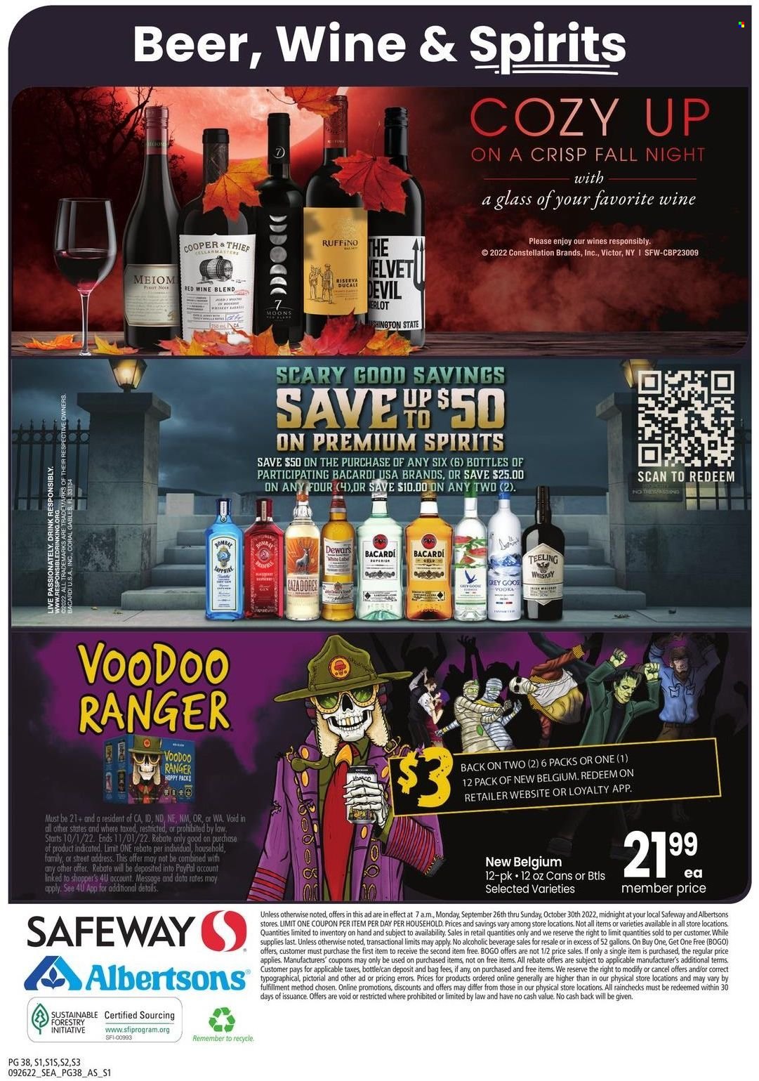thumbnail - Safeway Flyer - 09/26/2022 - 10/30/2022 - Sales products - red wine, wine, Bacardi, whiskey, whisky, beer, Omo, Victor. Page 38.