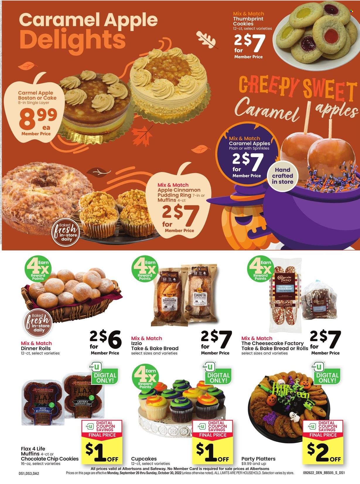 thumbnail - Safeway Flyer - 09/26/2022 - 10/30/2022 - Sales products - bread, ciabatta, cake, dinner rolls, brown bread, cupcake, pudding ring, apples, cookies, cinnamon. Page 7.