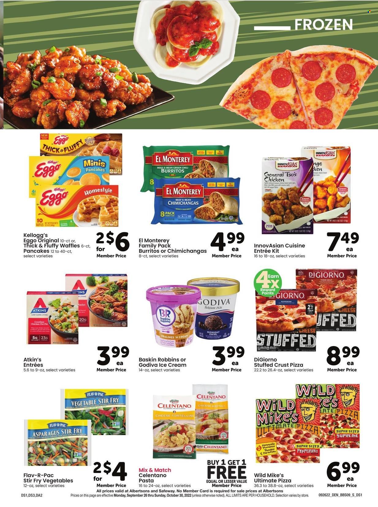 thumbnail - Safeway Flyer - 09/26/2022 - 10/30/2022 - Sales products - waffles, asparagus, pizza, pasta, tortellini, pancakes, burrito, pepperoni, parmesan, yeast, ice cream, Godiva, Kellogg's, pot. Page 11.