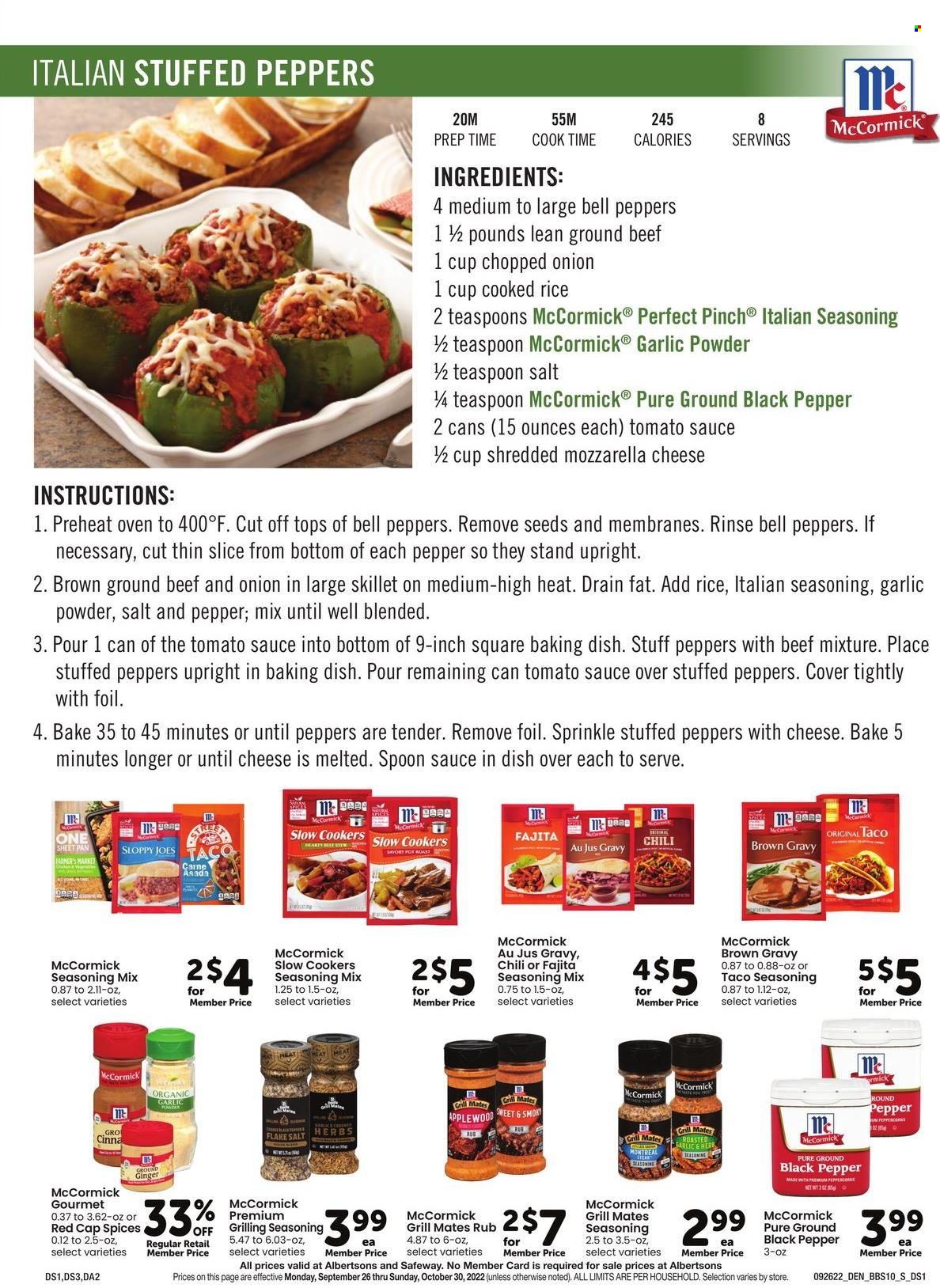 thumbnail - Safeway Flyer - 09/26/2022 - 10/30/2022 - Sales products - ginger, beef meat, ground beef, cheese, tomato sauce, rice, ground ginger, spice, garlic powder, Fajita seasoning, spoon, pan, teaspoon, sheet pan, grill. Page 12.
