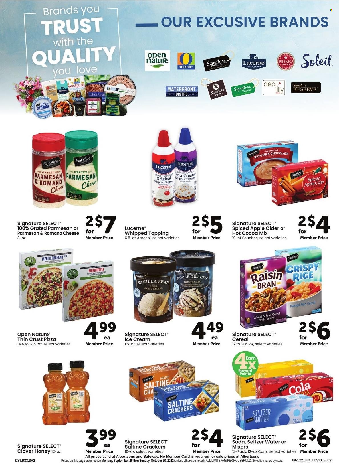 thumbnail - Safeway Flyer - 09/26/2022 - 10/30/2022 - Sales products - shrimps, pizza, ice cream, milk chocolate, crackers, topping, cereals, Raisin Bran, honey, tonic, seltzer water, soda, hot cocoa, apple cider, cider. Page 15.