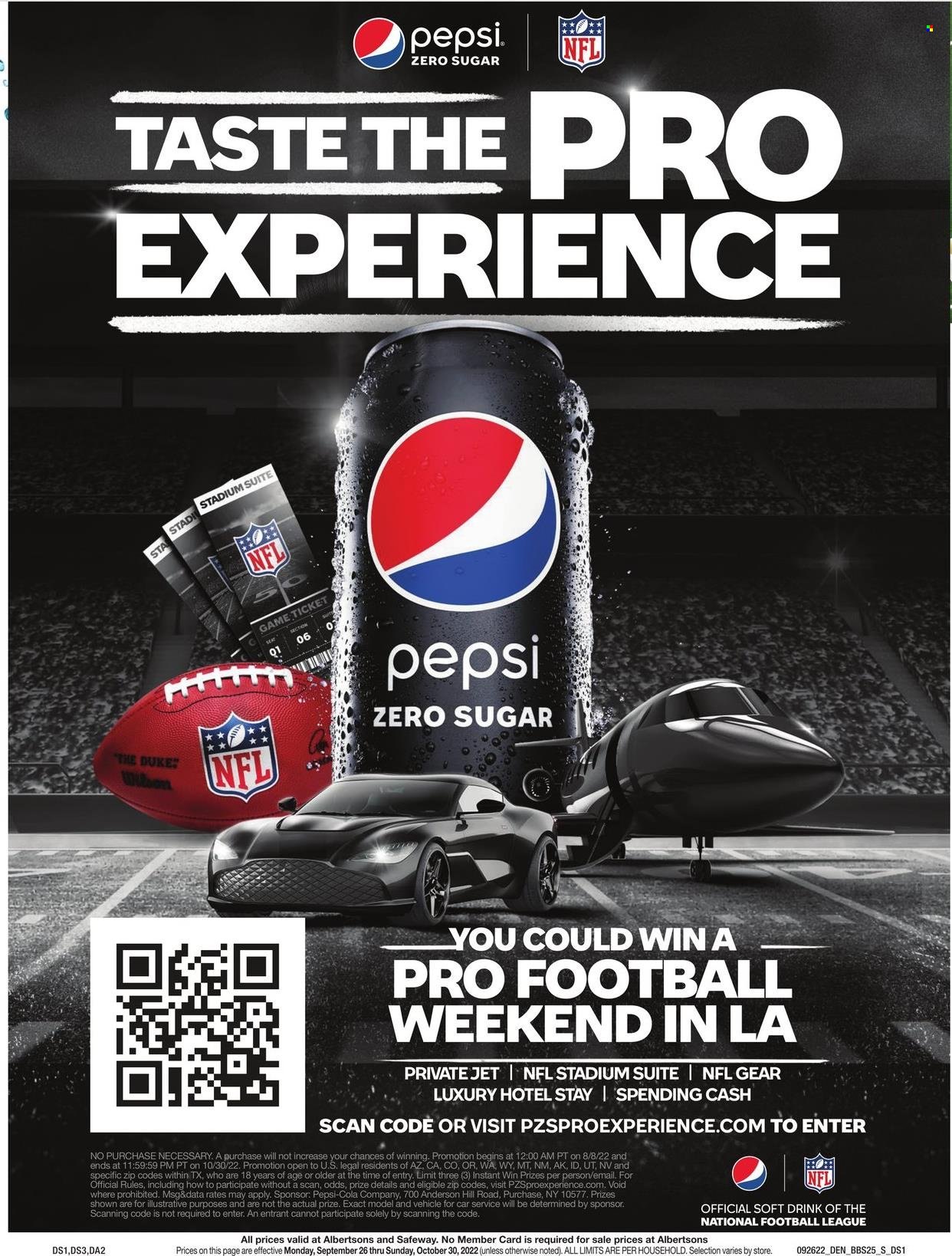thumbnail - Safeway Flyer - 09/26/2022 - 10/30/2022 - Sales products - Pepsi, soft drink, Jet, vehicle. Page 25.