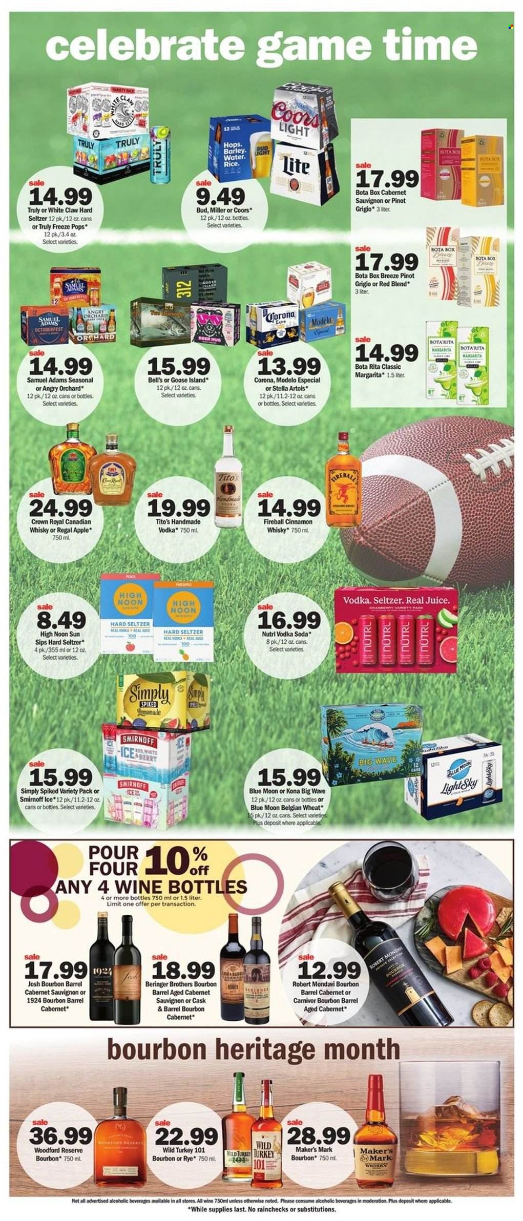 thumbnail - Meijer Flyer - 09/25/2022 - 10/01/2022 - Sales products - Apple, juice, soda, Cabernet Sauvignon, red wine, white wine, Pinot Grigio, canadian whisky, Smirnoff, vodka, BROTHERS, White Claw, Hard Seltzer, TRULY, cinnamon whisky, whisky, beer, Corona Extra, Miller, Modelo, WAVE, BIC, Stella Artois, Coors, Blue Moon. Page 10.