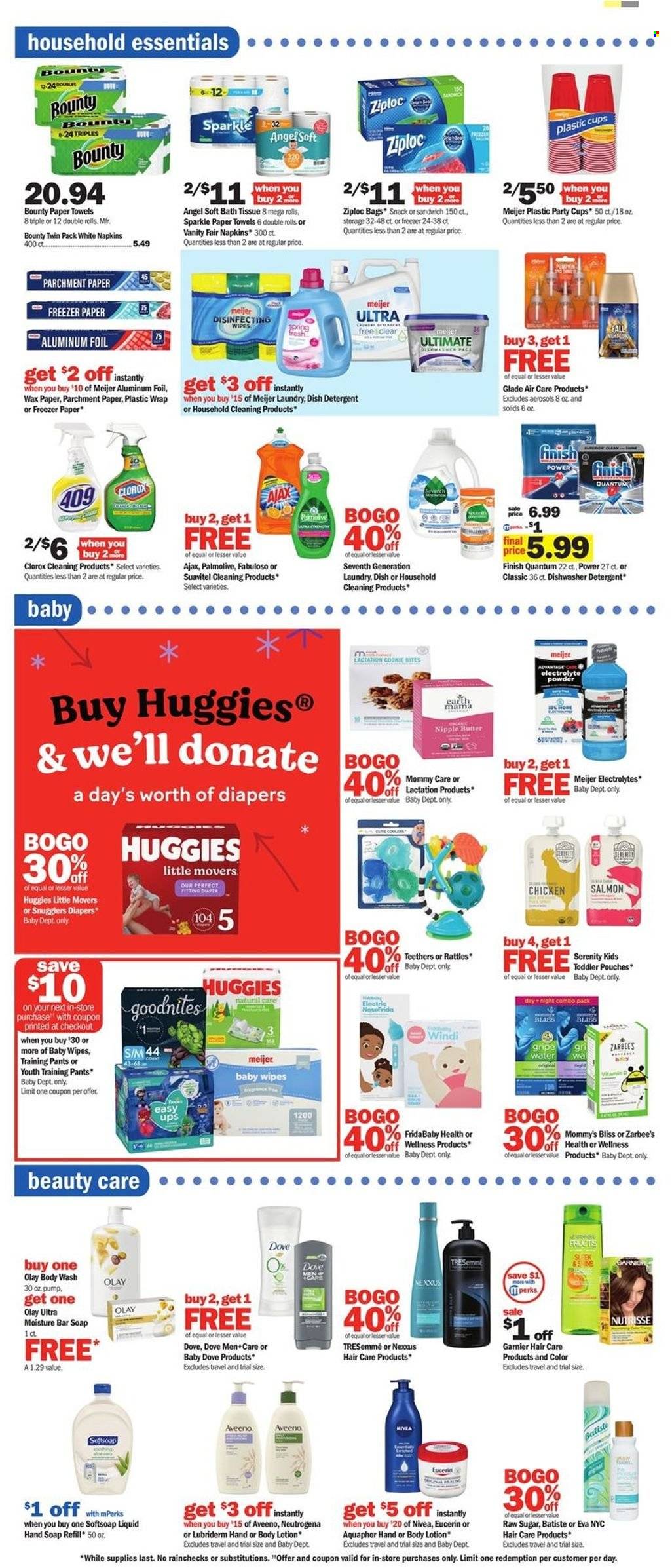thumbnail - Meijer Flyer - 09/25/2022 - 10/01/2022 - Sales products - salmon, sandwich, butter, Dove, snack, Bounty, baby food pouch, wipes, Huggies, pants, baby wipes, napkins, nappies, baby pants, Aquaphor, Aveeno, Nivea, bath tissue, kitchen towels, paper towels, detergent, Clorox, Ajax, Fabuloso, dishwasher cleaner, Finish Powerball, Finish Quantum Ultimate, body wash, Softsoap, hand soap, Palmolive, soap bar, Raw Sugar, soap, Garnier, Neutrogena, Olay, TRESemmé, Nexxus, Fructis, body lotion, Eucerin, Lubriderm, Ziploc, cup, aluminium foil, Glade, party cups, pump. Page 11.