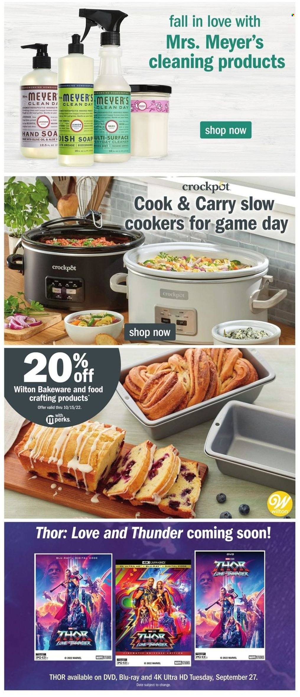 thumbnail - Meijer Flyer - 09/25/2022 - 10/01/2022 - Sales products - oil, fruit jam, cleaner, soap, bakeware, DVD, UHD TV, ultra hd, CrockPot. Page 22.
