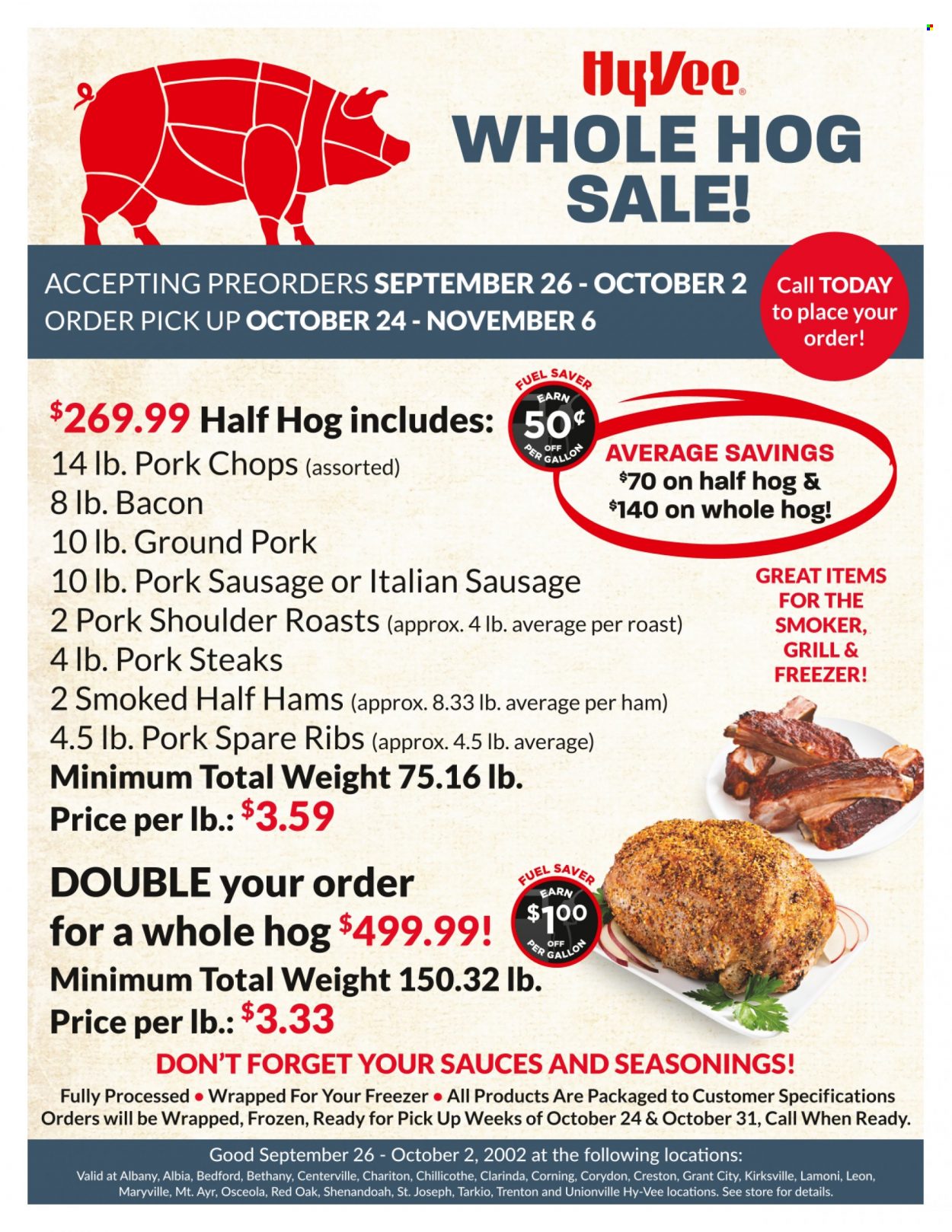 thumbnail - Hy-Vee Flyer - 09/26/2022 - 10/02/2022 - Sales products - bacon, ham, sausage, pork sausage, italian sausage, steak, ground pork, pork chops, pork meat, pork ribs, pork shoulder, pork spare ribs, gallon. Page 1.