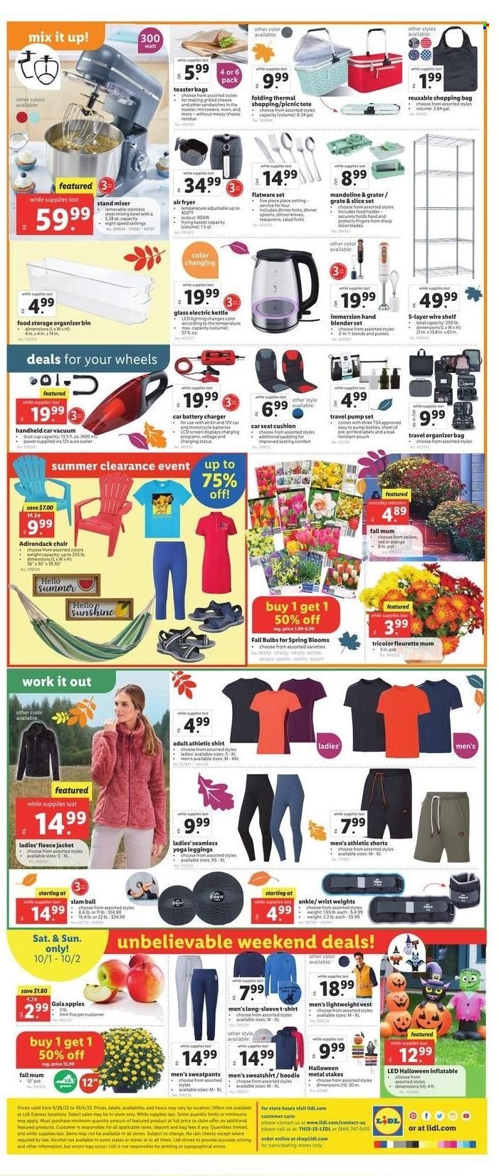 thumbnail - Lidl Flyer - 09/28/2022 - 10/04/2022 - Sales products - apples, Gala, oranges, sandwich, cheese, Sunshine, kettle, Mum, basket, bin, knife, holder, shopping bag, flatware, flatware set, spoon, pot, handy grater, Sharp, battery charger, bulb, cushion, hoodie, mixer, stand mixer, air fryer, toaster, chair, tote, Halloween, shorts, t-shirt, vest, sweatshirt, sweatpants, leggings, motorcycle, baby car seat, lighting, car battery. Page 2.