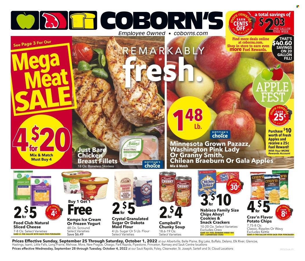 thumbnail - Coborn's Flyer - 09/25/2022 - 10/01/2022 - Sales products - snack, Gala, Granny Smith, Pink Lady, Campbell's, soup, chicken breasts, Colby cheese, sliced cheese, Pepper Jack cheese, cheese, Melrose, Kemps, Oreo, ice cream, frozen yoghurt, crackers, Chips Ahoy!, Nabisco, potato chips, flour, granulated sugar, sugar. Page 1.