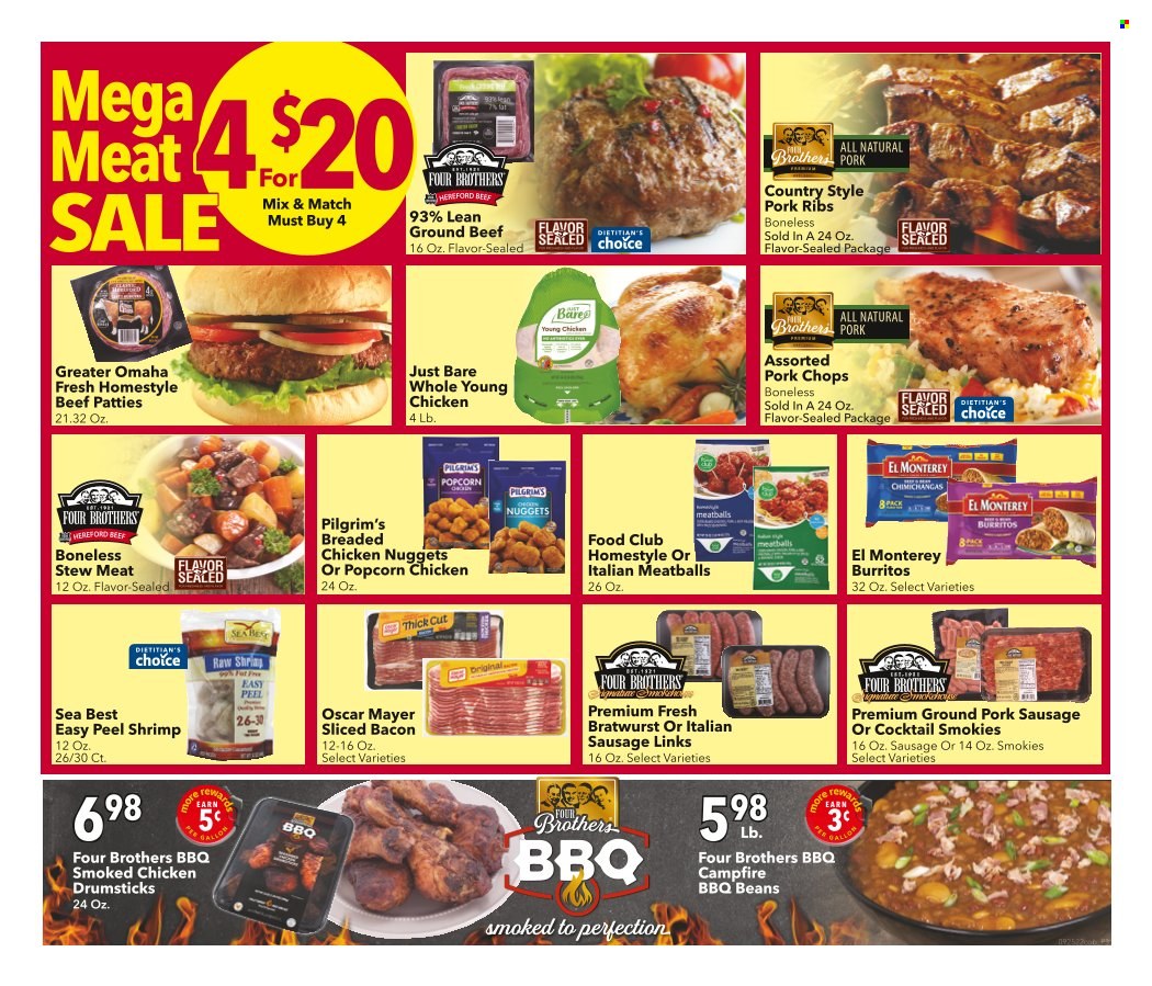 thumbnail - Coborn's Flyer - 09/25/2022 - 10/01/2022 - Sales products - stew meat, beans, shrimps, meatballs, nuggets, fried chicken, chicken nuggets, burrito, Four Brothers, bacon, Oscar Mayer, bratwurst, sausage, pork sausage, italian sausage, popcorn, chicken drumsticks, beef meat, ground beef, ground pork, pork chops, pork meat, pork ribs. Page 3.
