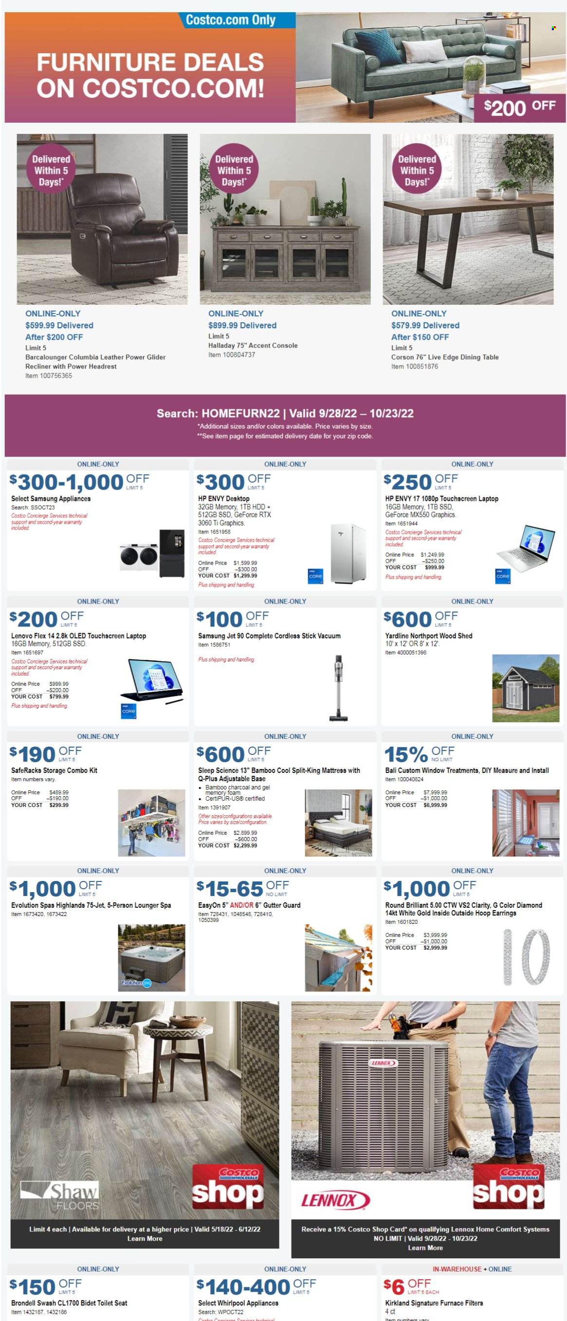 thumbnail - Costco Flyer - 09/28/2022 - 10/23/2022 - Sales products - toilet seat, dining table, table, recliner chair, mattress, Columbia, Lenovo, Hewlett Packard, Jet, Samsung, laptop, hp envy, touchscreen laptop, GeForce, Whirlpool, earrings, charcoal, combo kit, shed. Page 1.
