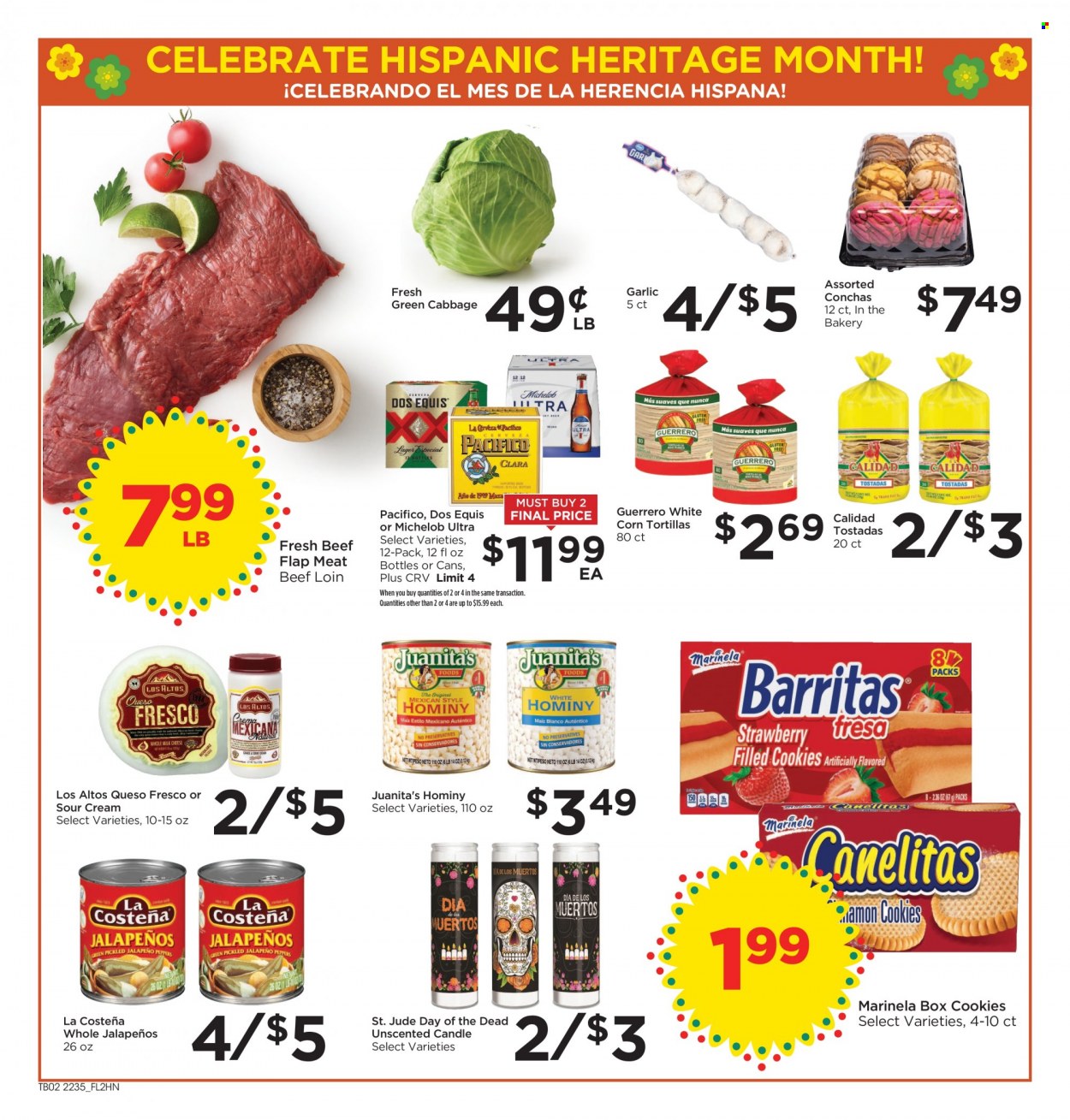 thumbnail - Foods Co Flyer - 09/28/2022 - 10/04/2022 - Sales products - corn tortillas, tortillas, tostadas, cabbage, garlic, queso fresco, sour cream, cookies, beer, Dos Equis, Michelob. Page 4.