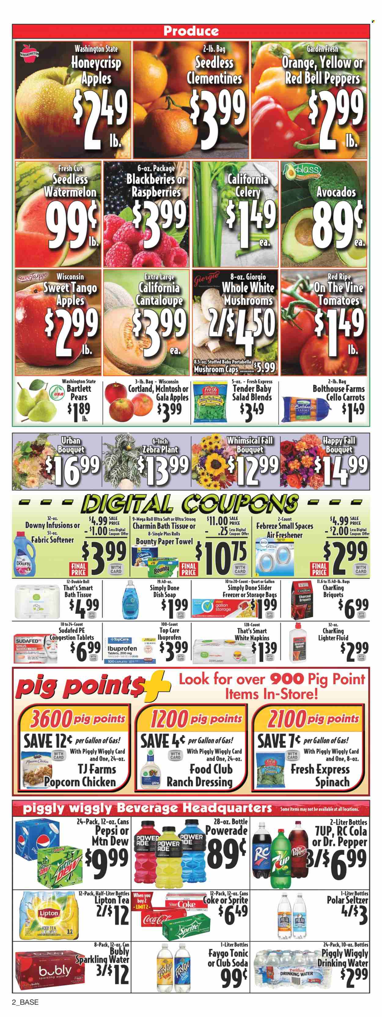 thumbnail - Piggly Wiggly Flyer - 09/28/2022 - 10/04/2022 - Sales products - mushrooms, bell peppers, cantaloupe, carrots, celery, spinach, salad, peppers, sleeved celery, apples, Bartlett pears, Gala, watermelon, pears, ranch dressing, Bounty, popcorn, pepper, dressing, Coca-Cola, Mountain Dew, Sprite, Powerade, Pepsi, Lipton, Dr. Pepper, tonic, 7UP, Club Soda, seltzer water, sparkling water, tea, clementines. Page 2.