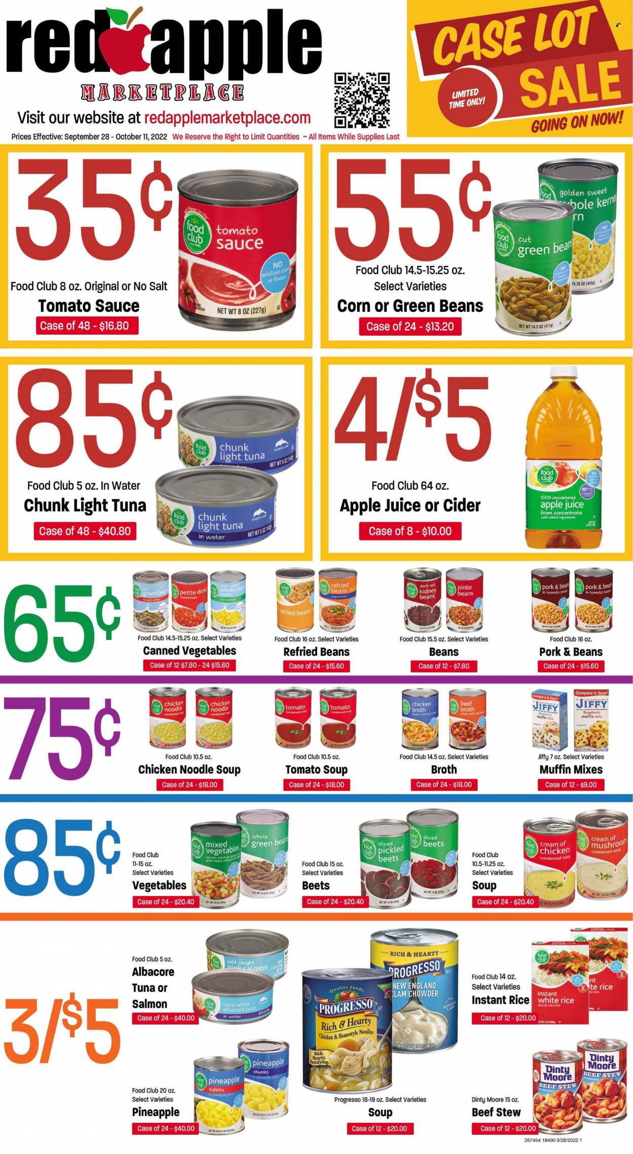 thumbnail - Red Apple Marketplace Flyer - 09/28/2022 - 10/11/2022 - Sales products - muffin mix, corn, green beans, tomatoes, potatoes, pineapple, tuna, tomato soup, condensed soup, soup, noodles cup, noodles, instant soup, Progresso, mixed vegetables, beef broth, chicken broth, broth, refried beans, tuna in water, kidney beans, pinto beans, canned vegetables, light tuna, clam chowder, rice, white rice, apple juice, pineapple juice, juice, cider. Page 1.