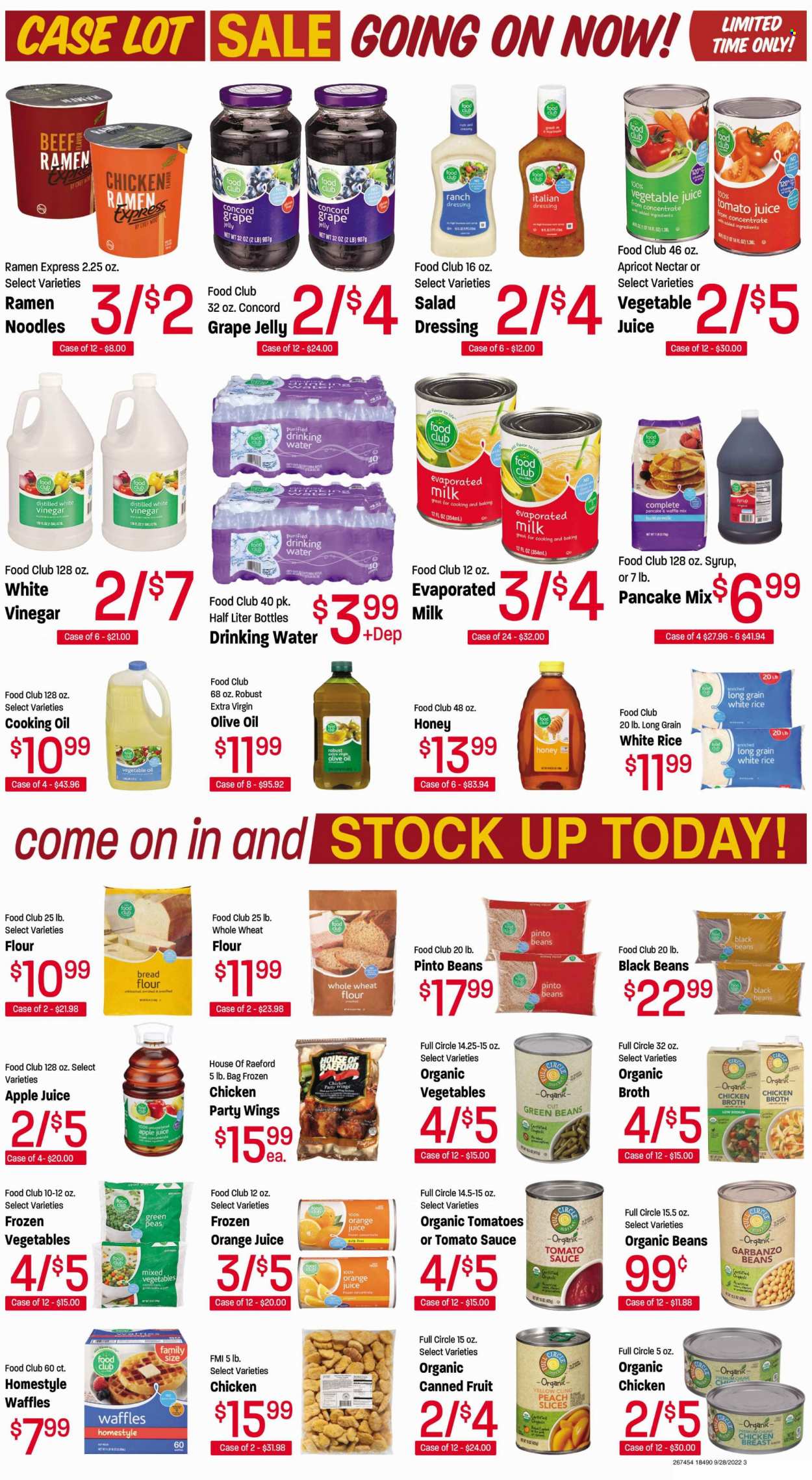 thumbnail - Red Apple Marketplace Flyer - 09/28/2022 - 10/11/2022 - Sales products - waffles, green beans, ramen, pancakes, noodles, buttermilk, evaporated milk, ranch dressing, italian dressing, frozen vegetables, mixed vegetables, jelly, bread flour, flour, wheat flour, whole wheat flour, chicken broth, broth, black beans, tomato sauce, pinto beans, canned fruit, rice, white rice, salad dressing, dressing, marinade, extra virgin olive oil, vegetable oil, vinegar, olive oil, oil, cooking oil, grape jelly, honey, syrup, Kaya, apple juice, tomato juice, orange juice, juice, vegetable juice, chicken breasts. Page 4.
